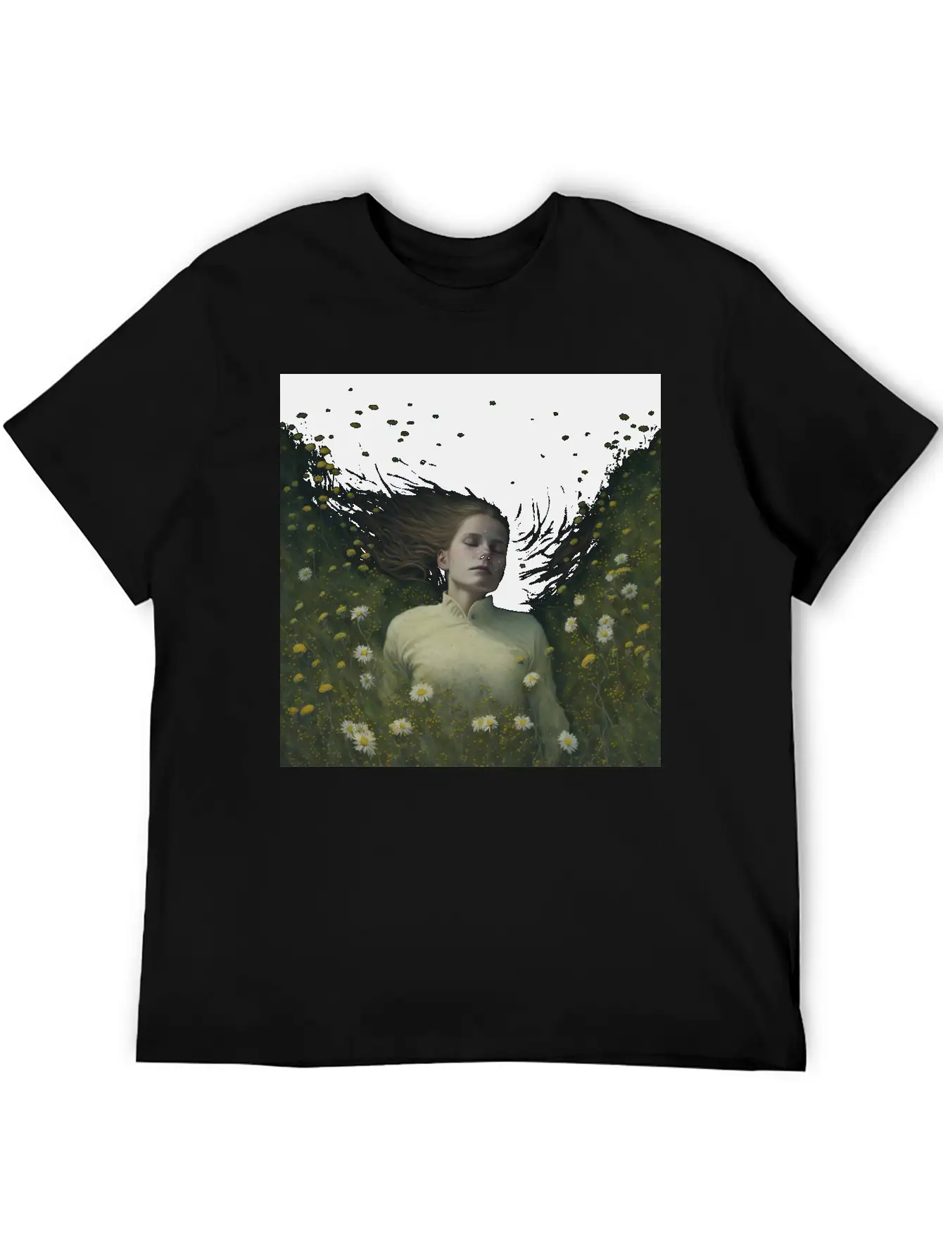 A Girl Lying In The Flowers, Dark Atmosphere Stylish Everyday T-Shirt – Unisex Basic Cotton Tee