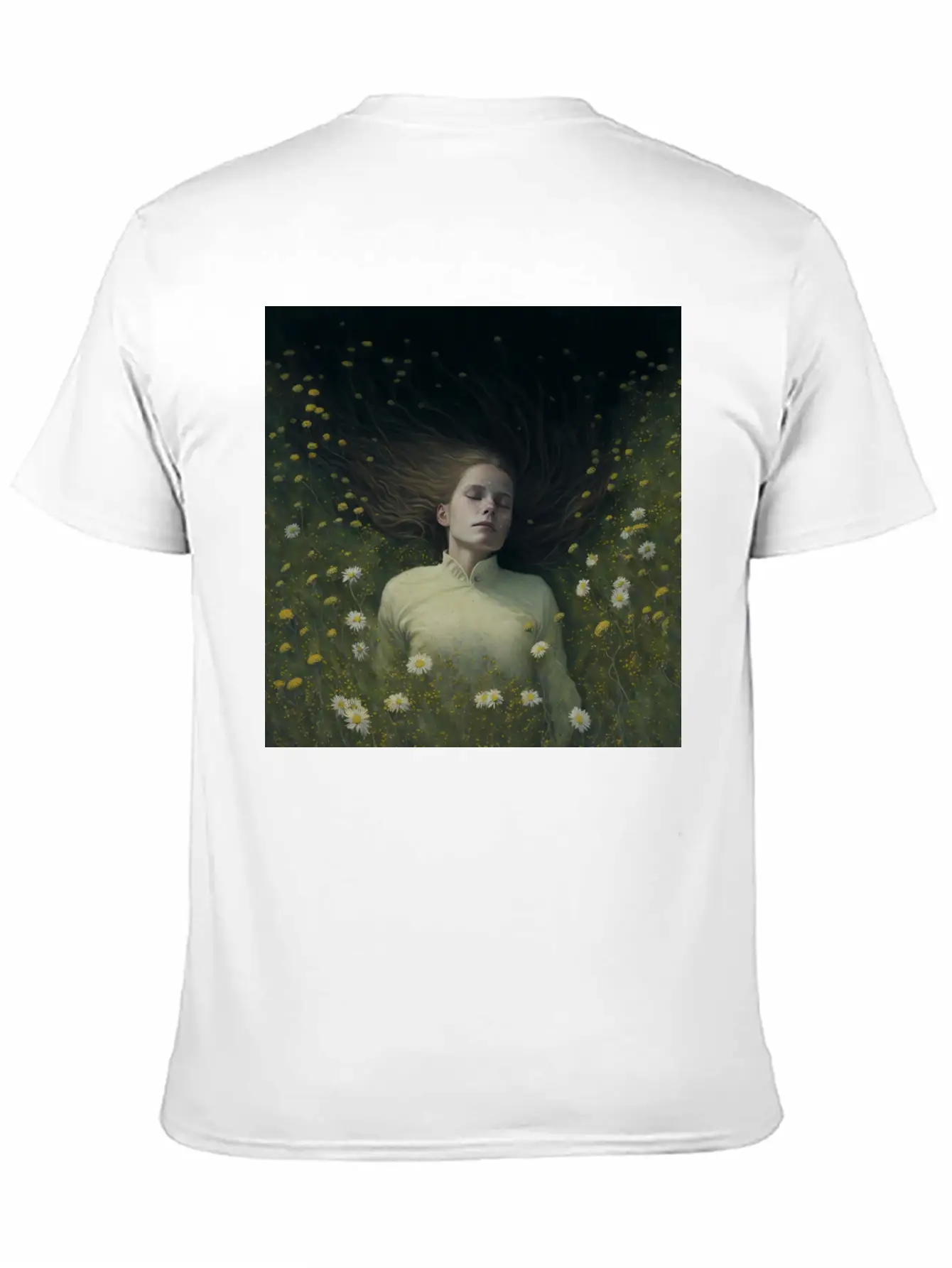 A Girl Lying In The Flowers, Dark Atmosphere Stylish Everyday T-Shirt – Unisex Basic Cotton Tee