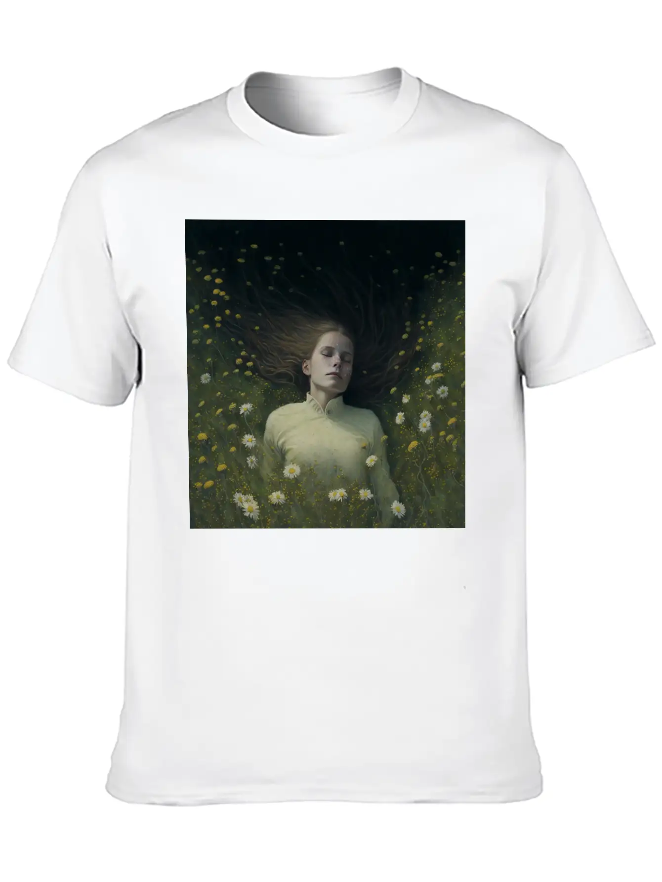 A Girl Lying In The Flowers, Dark Atmosphere Stylish Everyday T-Shirt – Unisex Basic Cotton Tee