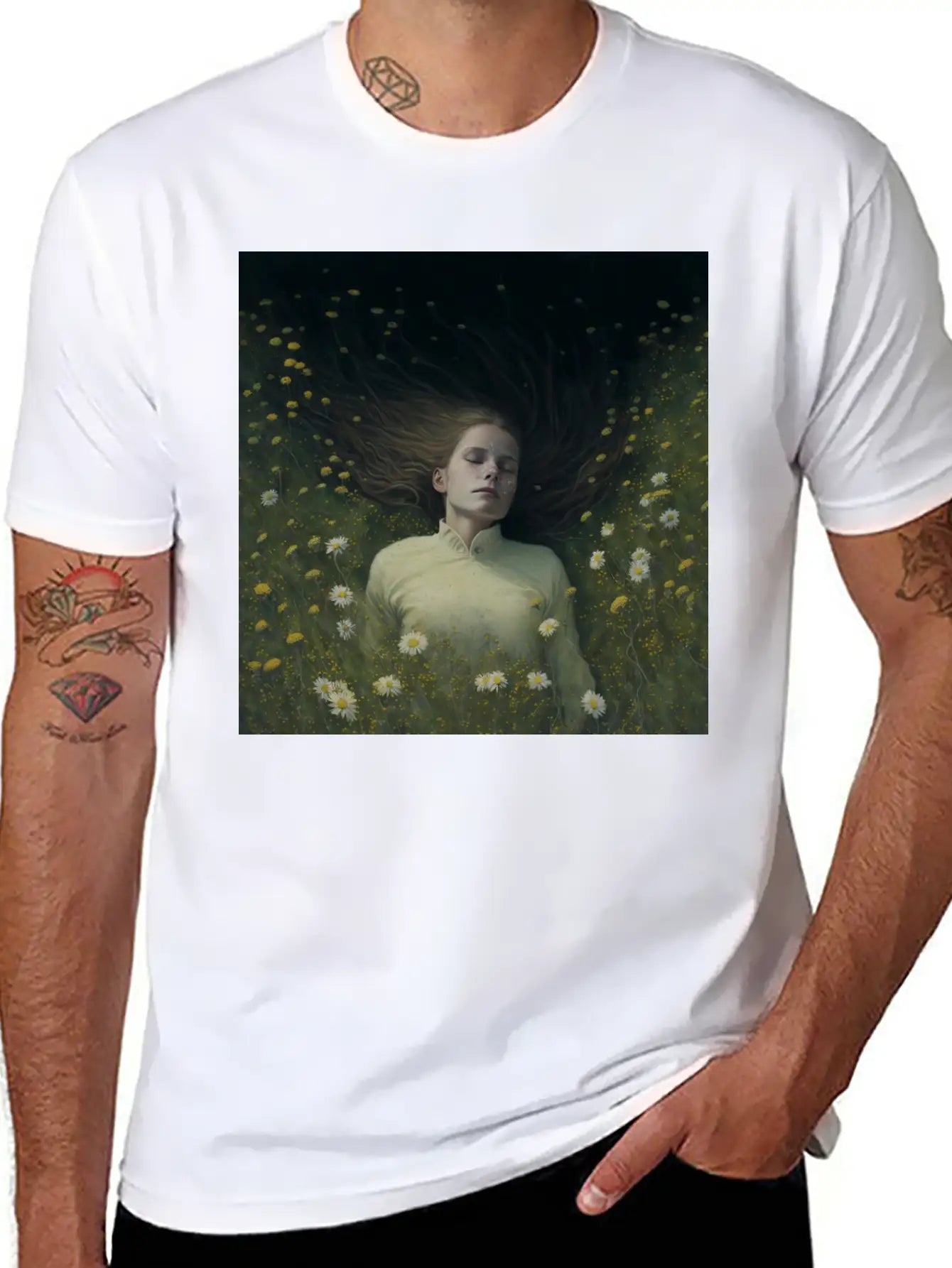 A Girl Lying In The Flowers, Dark Atmosphere Stylish Everyday T-Shirt – Unisex Basic Cotton Tee