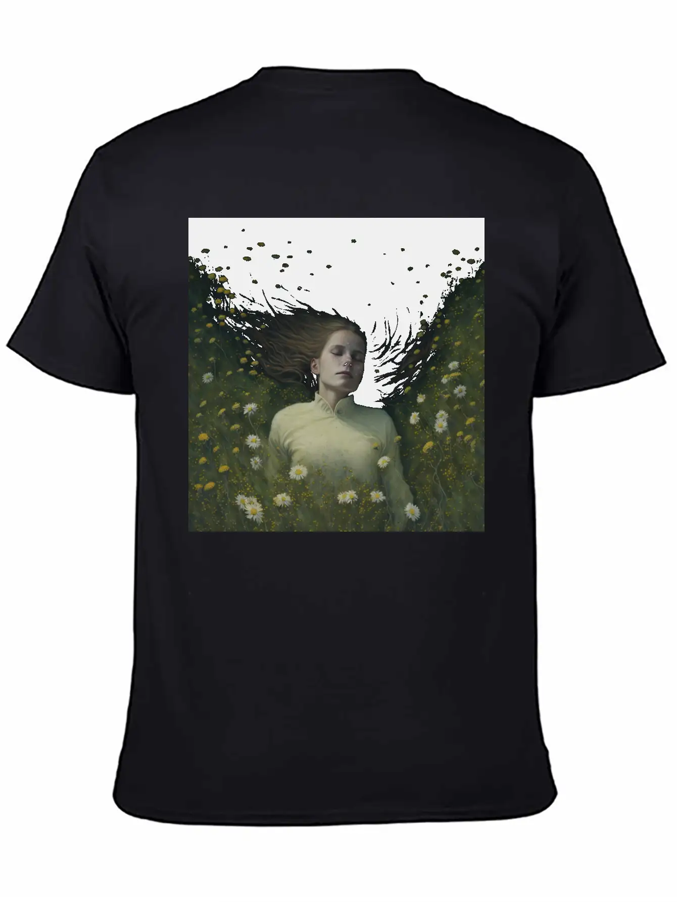A Girl Lying In The Flowers, Dark Atmosphere Stylish Everyday T-Shirt – Unisex Basic Cotton Tee