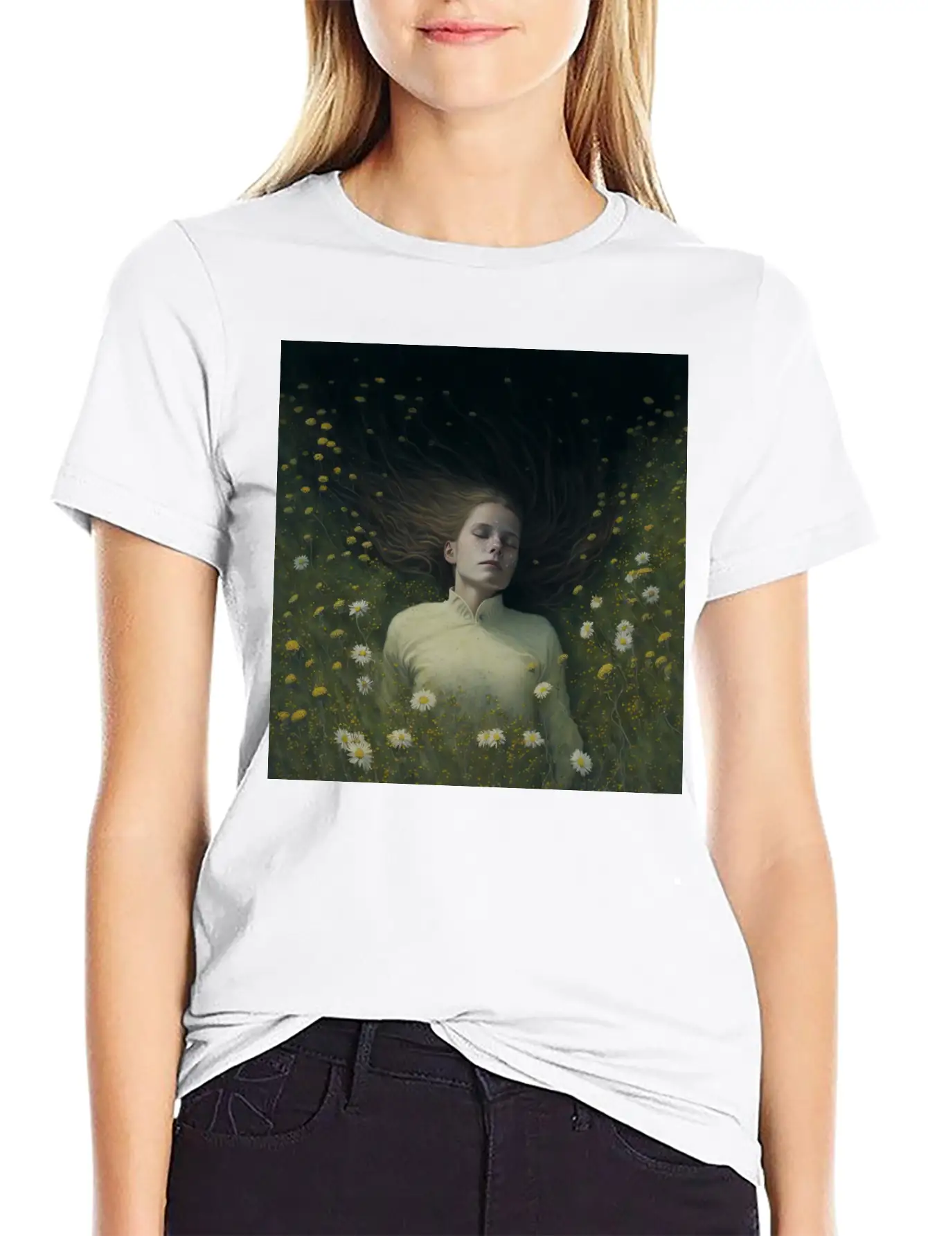 A Girl Lying In The Flowers, Dark Atmosphere Stylish Everyday T-Shirt – Unisex Basic Cotton Tee