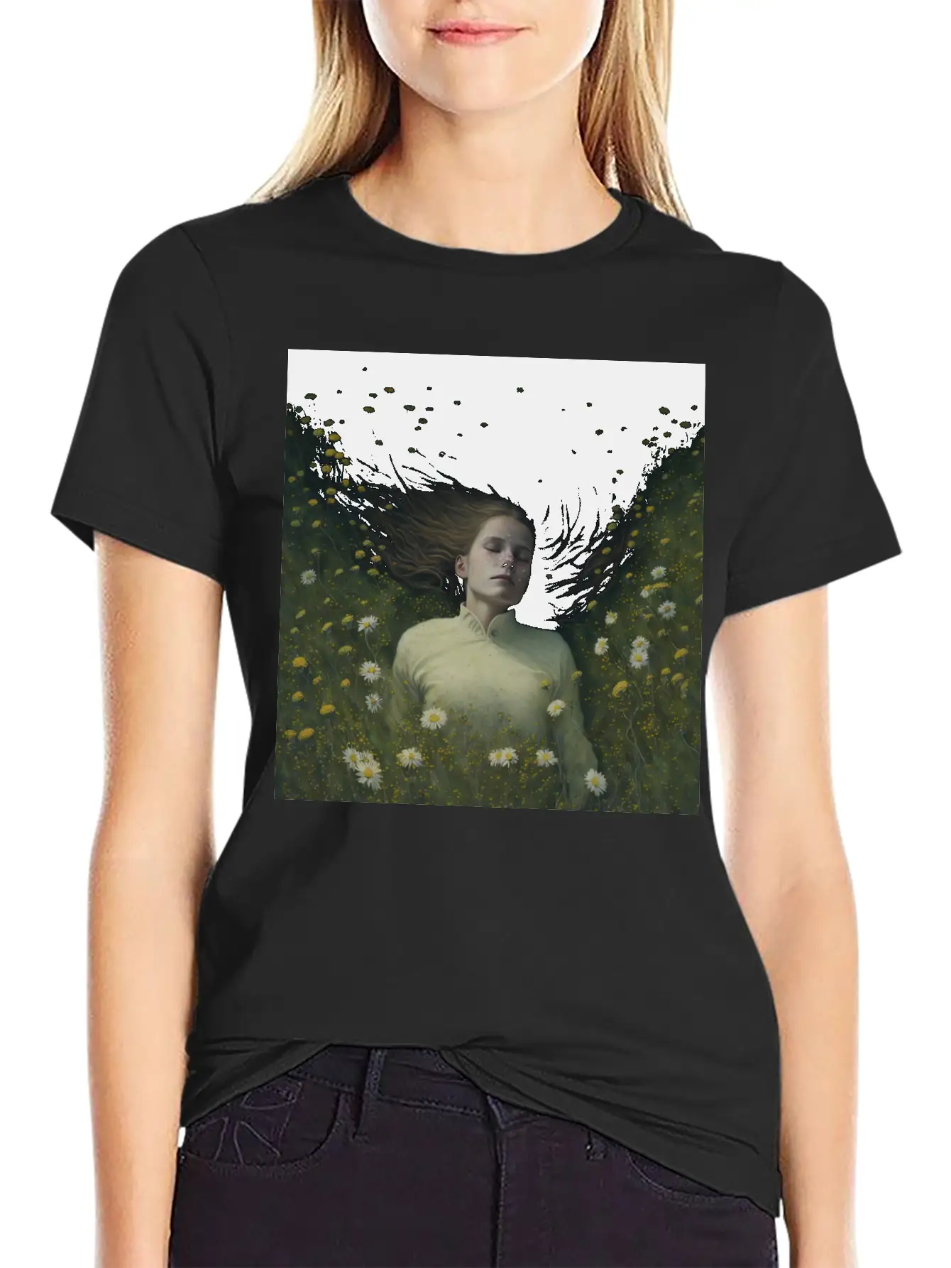 A Girl Lying In The Flowers, Dark Atmosphere Stylish Everyday T-Shirt – Unisex Basic Cotton Tee