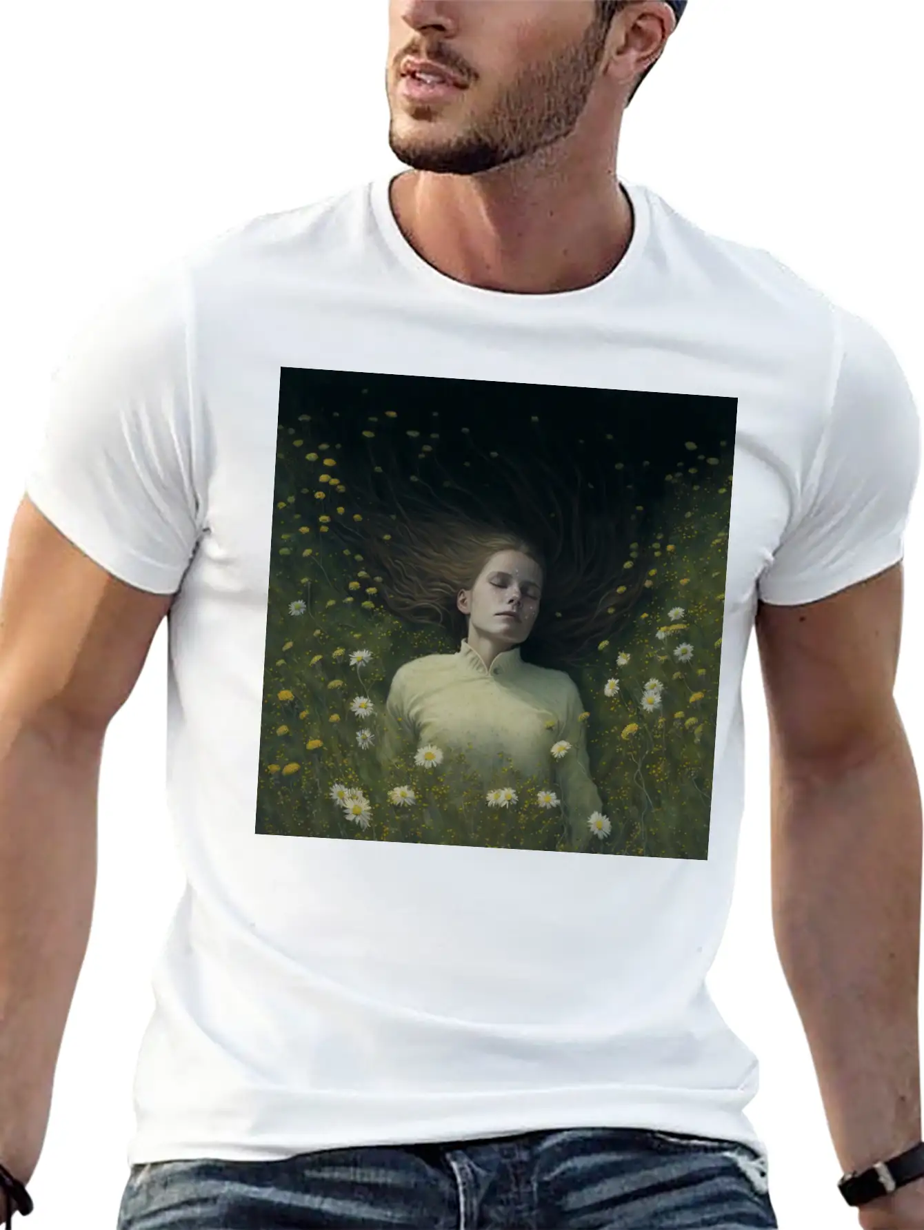 A Girl Lying In The Flowers, Dark Atmosphere Stylish Everyday T-Shirt – Unisex Basic Cotton Tee