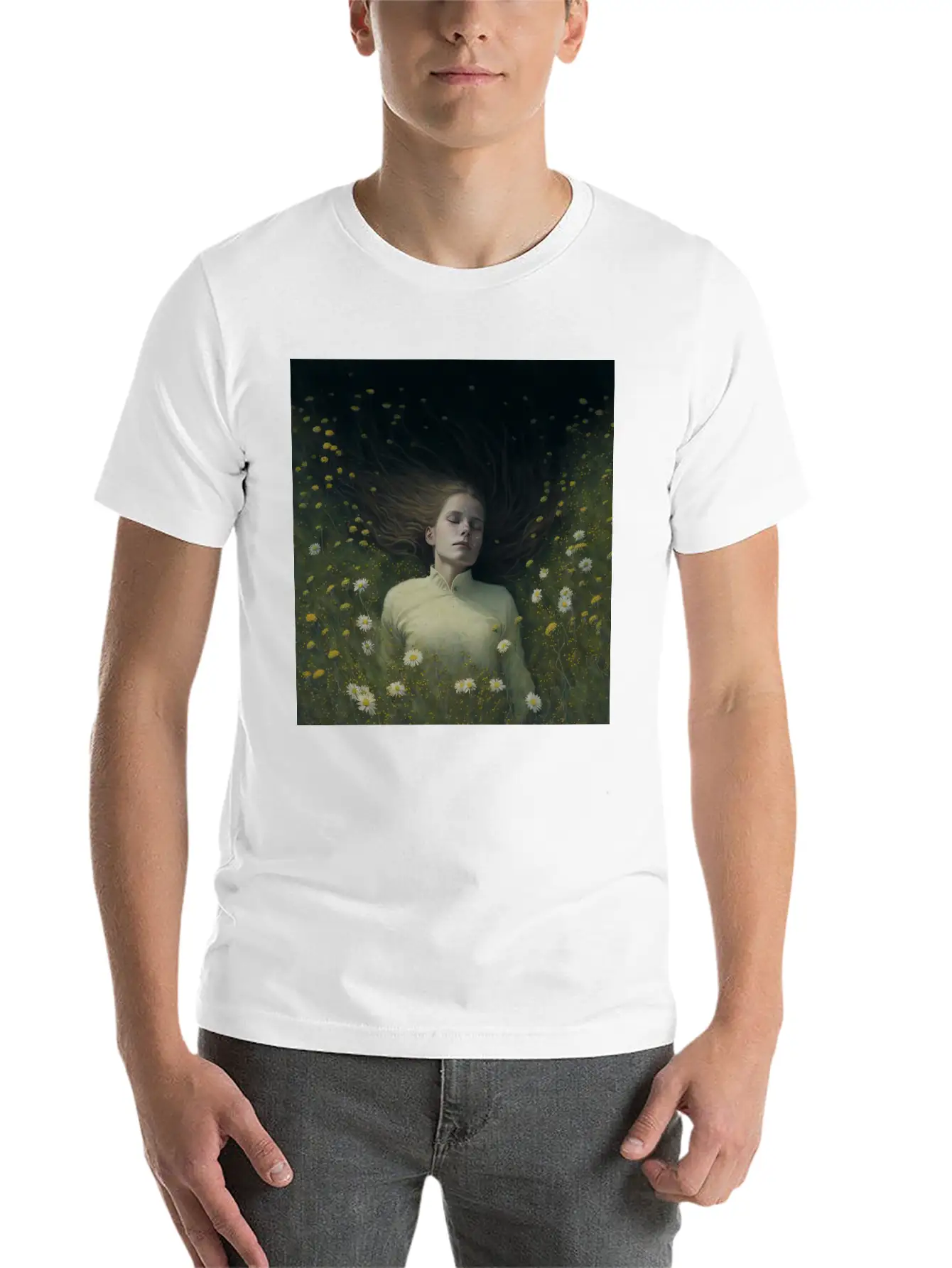 A Girl Lying In The Flowers, Dark Atmosphere Stylish Everyday T-Shirt – Unisex Basic Cotton Tee