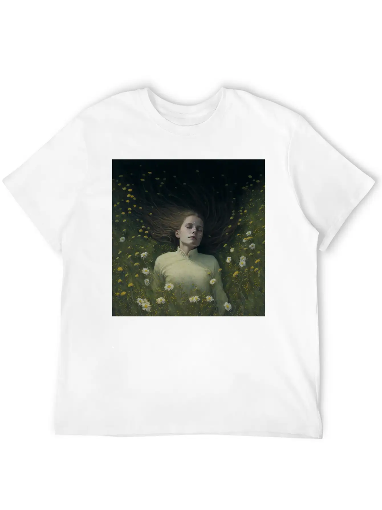 A Girl Lying In The Flowers, Dark Atmosphere Stylish Everyday T-Shirt – Unisex Basic Cotton Tee