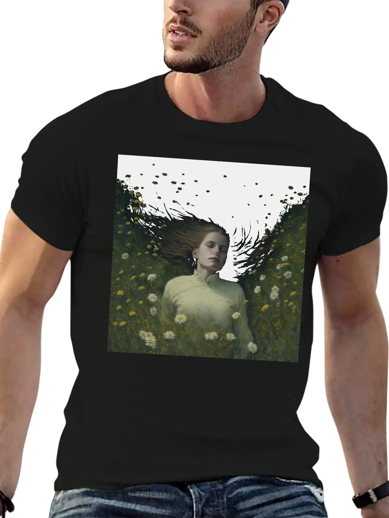 A Girl Lying In The Flowers, Dark Atmosphere Stylish Everyday T-Shirt – Unisex Basic Cotton Tee