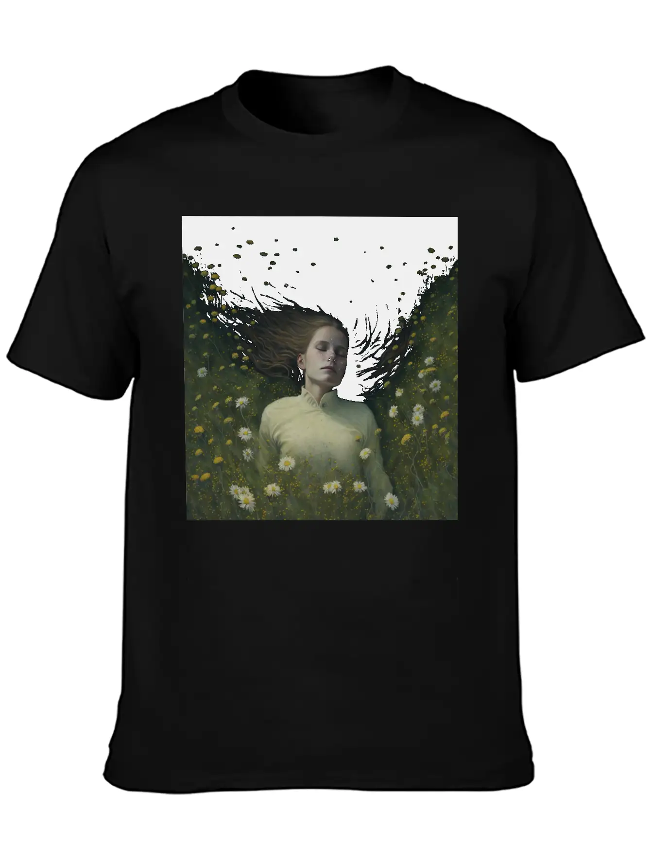 A Girl Lying In The Flowers, Dark Atmosphere Stylish Everyday T-Shirt – Unisex Basic Cotton Tee