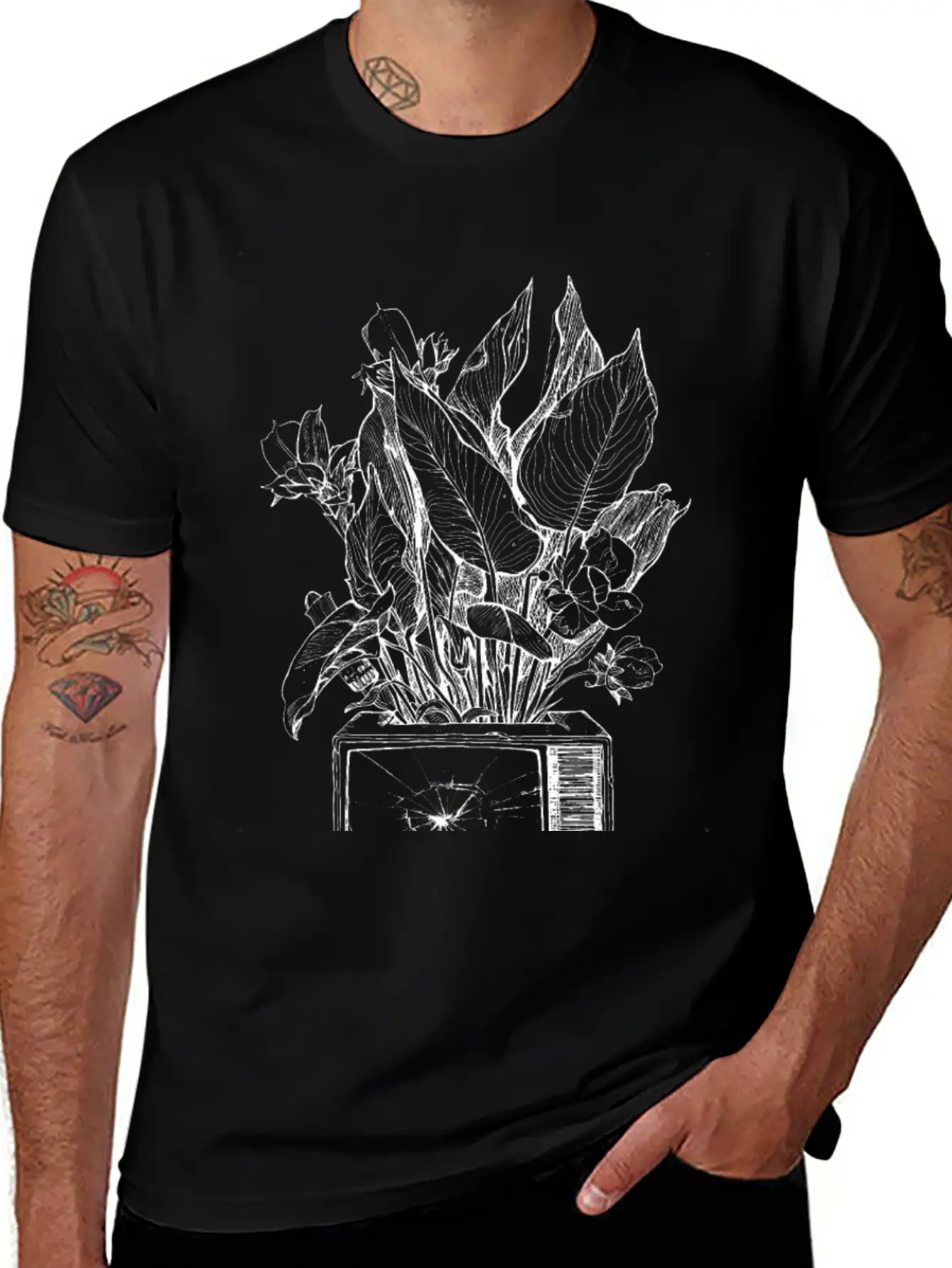 A Retro Broken TV Sprouting Plants And Flowers. W Stylish Everyday T-Shirt – Unisex Basic Cotton Tee