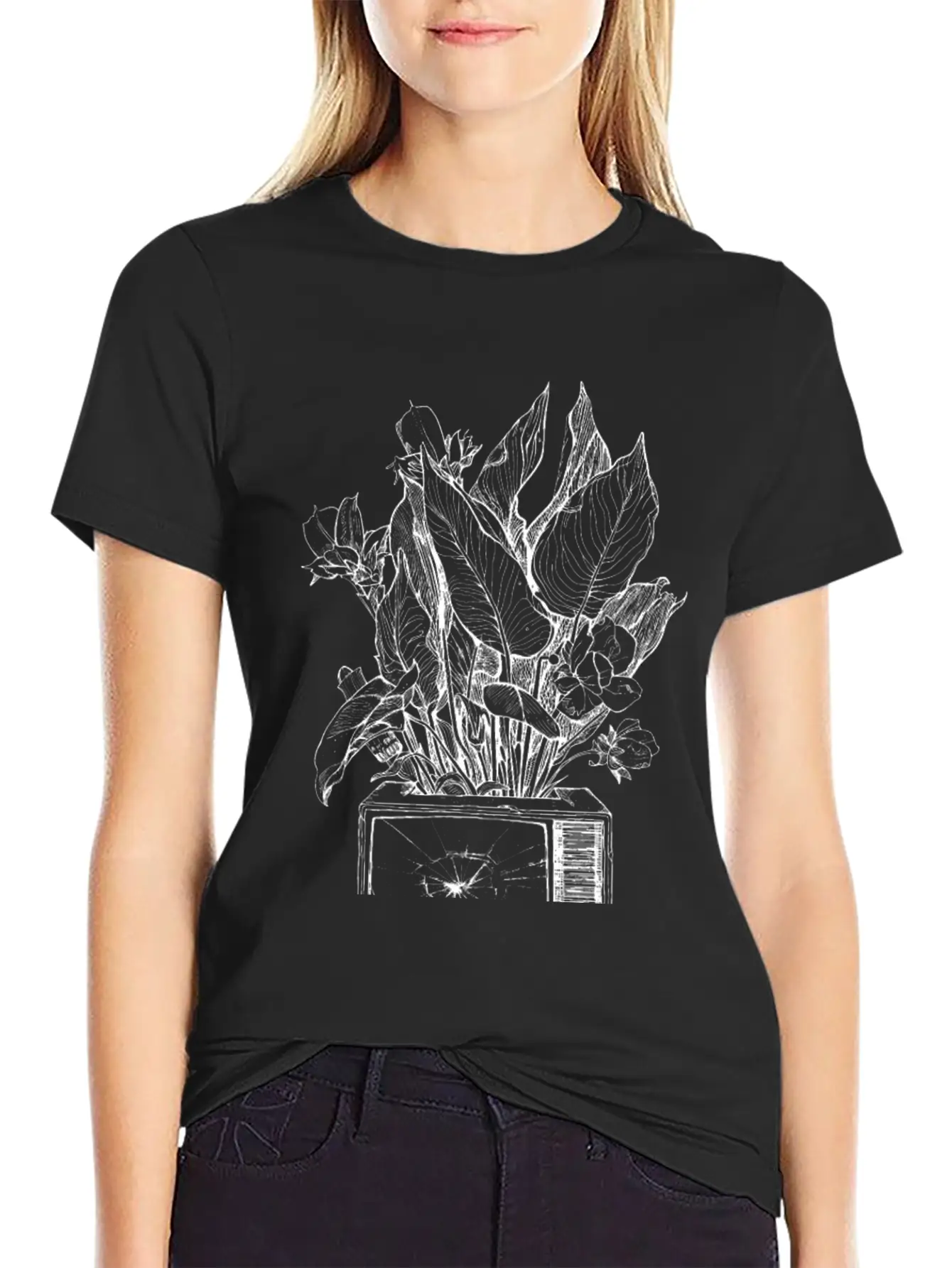 A Retro Broken TV Sprouting Plants And Flowers. W Stylish Everyday T-Shirt – Unisex Basic Cotton Tee