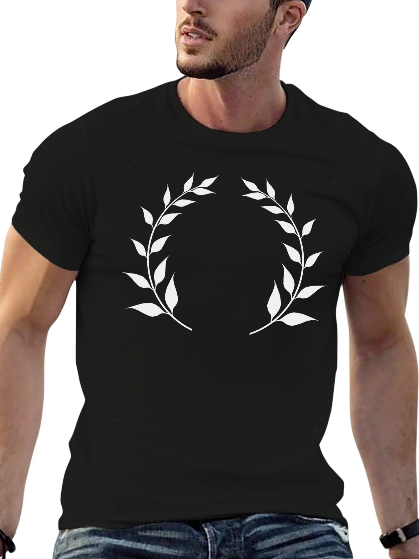 Classic Black Tee with Laurel Wreath Design