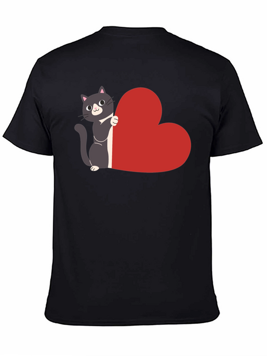 Cat with Heart T-Shirt - Black Cotton Tee