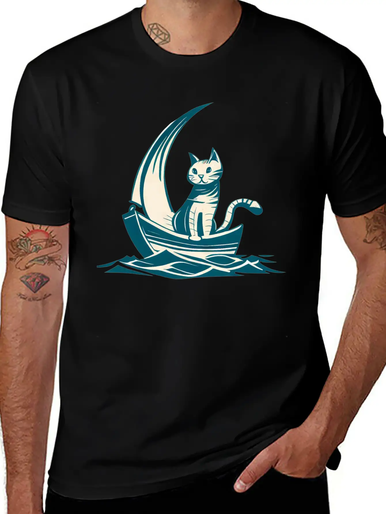Abstract Minimalist Art - Cat On Boat Design Unisex Short Sleeve Soft Cotton T-Shirt – Casual Everyday Wear
