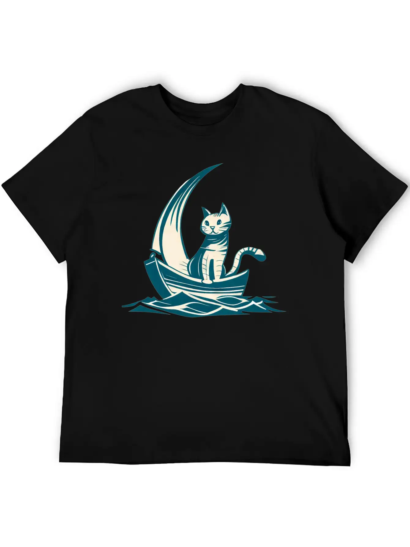 Abstract Minimalist Art - Cat On Boat Design Unisex Short Sleeve Soft Cotton T-Shirt – Casual Everyday Wear