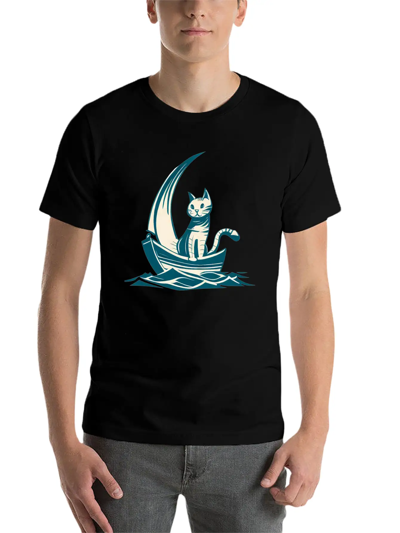 Abstract Minimalist Art - Cat On Boat Design Unisex Short Sleeve Soft Cotton T-Shirt – Casual Everyday Wear