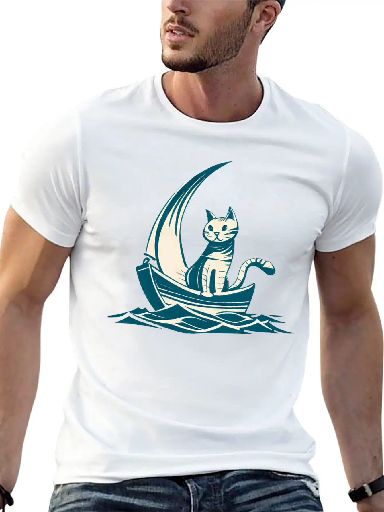 Abstract Minimalist Art - Cat On Boat Design Unisex Short Sleeve Soft Cotton T-Shirt – Casual Everyday Wear