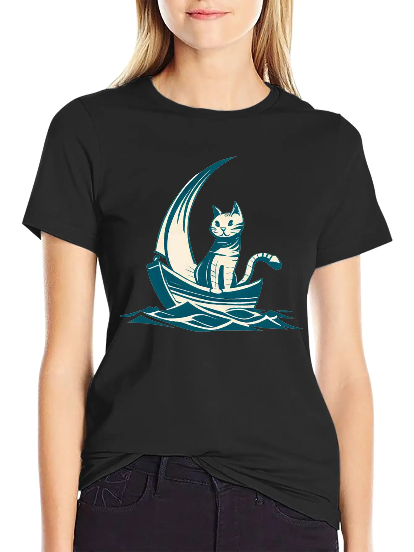 Abstract Minimalist Art - Cat On Boat Design Unisex Short Sleeve Soft Cotton T-Shirt – Casual Everyday Wear