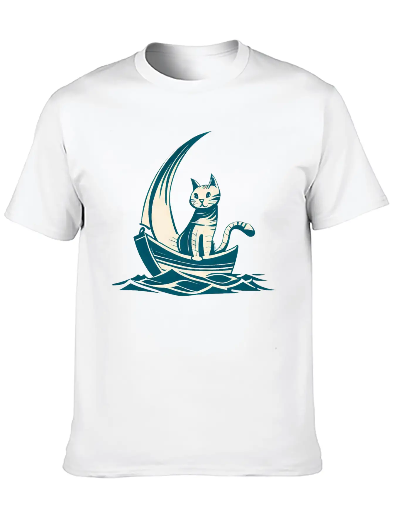 Abstract Minimalist Art - Cat On Boat Design Unisex Short Sleeve Soft Cotton T-Shirt – Casual Everyday Wear