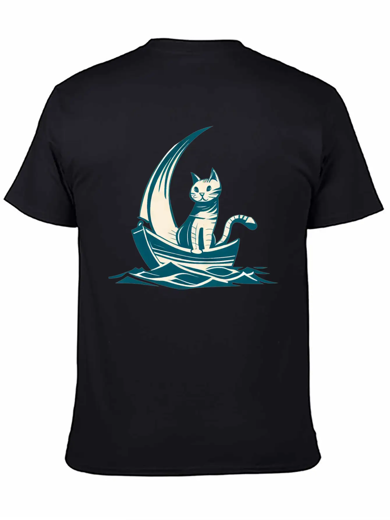 Abstract Minimalist Art - Cat On Boat Design Unisex Short Sleeve Soft Cotton T-Shirt – Casual Everyday Wear