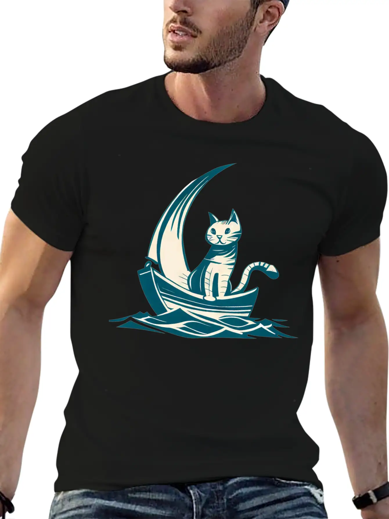 Abstract Minimalist Art - Cat On Boat Design Unisex Short Sleeve Soft Cotton T-Shirt – Casual Everyday Wear