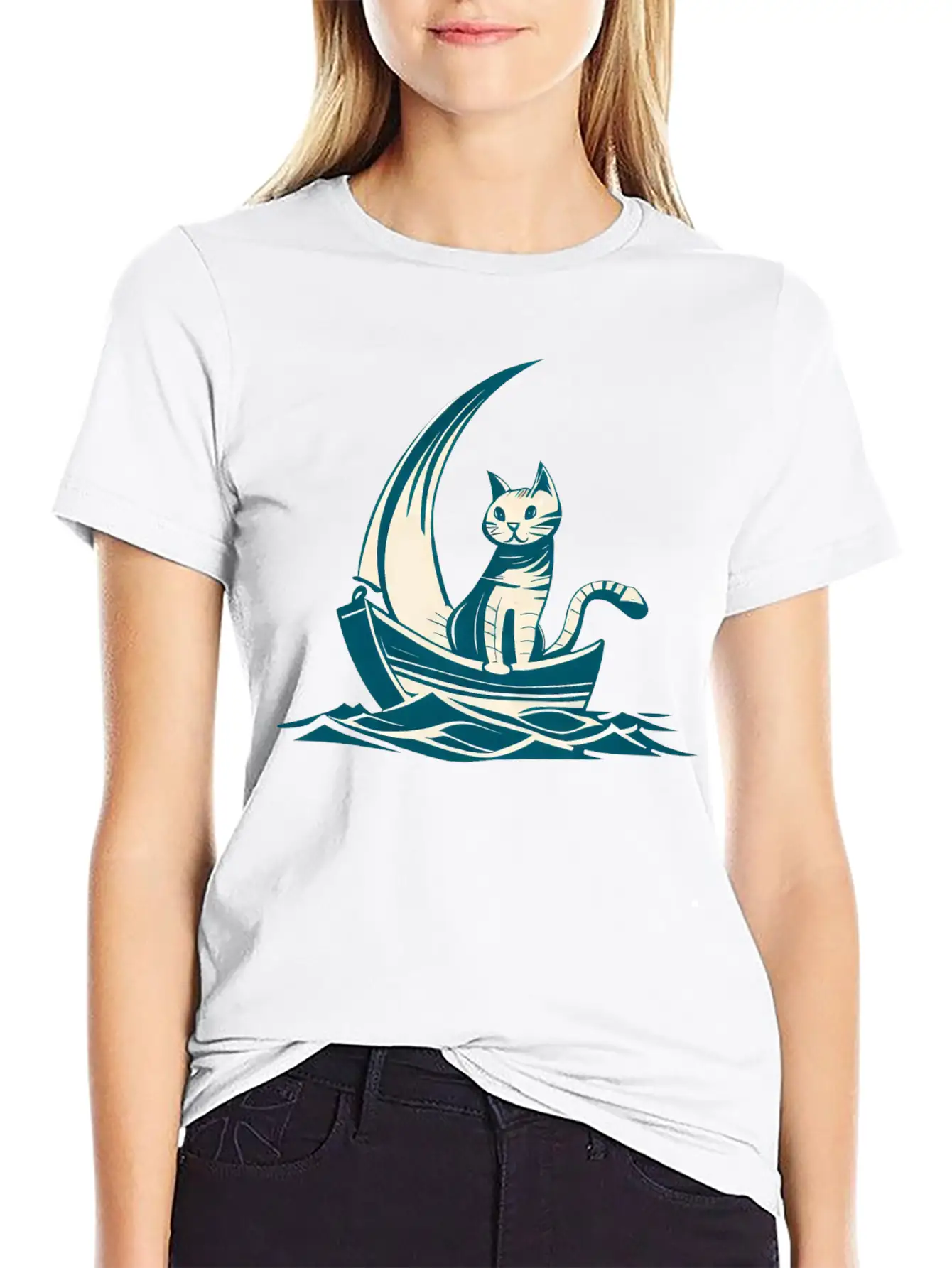 Abstract Minimalist Art - Cat On Boat Design Unisex Short Sleeve Soft Cotton T-Shirt – Casual Everyday Wear