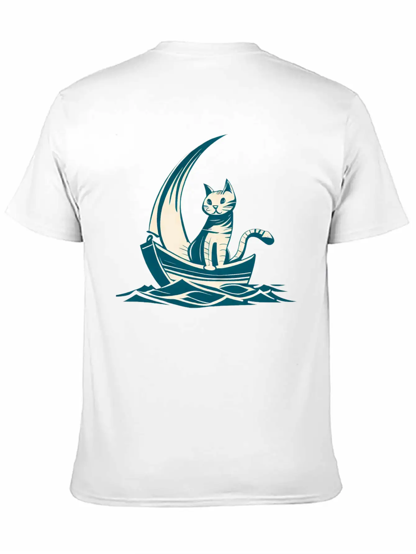 Abstract Minimalist Art - Cat On Boat Design Unisex Short Sleeve Soft Cotton T-Shirt – Casual Everyday Wear