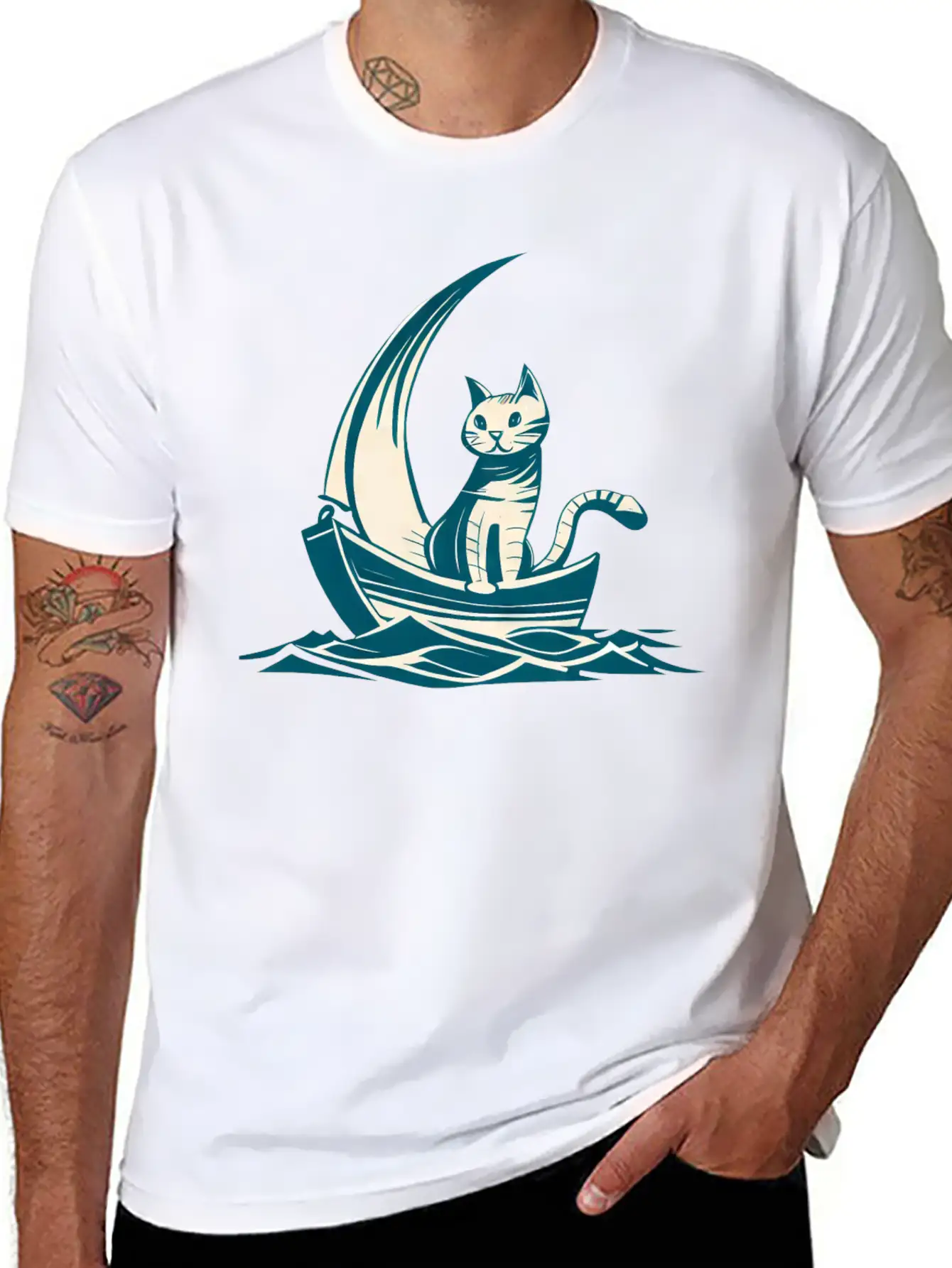 Abstract Minimalist Art - Cat On Boat Design Unisex Short Sleeve Soft Cotton T-Shirt – Casual Everyday Wear
