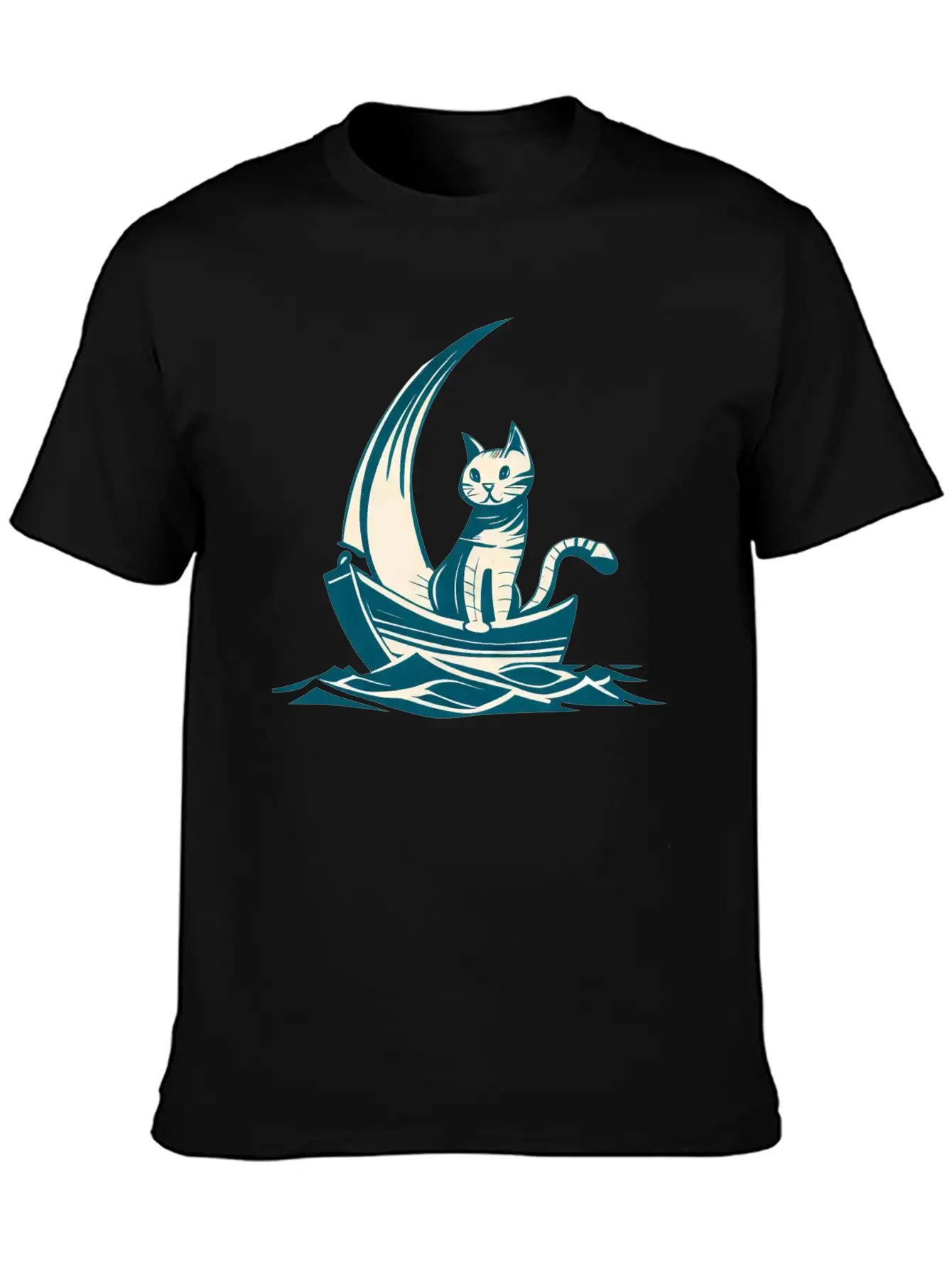 Abstract Minimalist Art - Cat On Boat Design Unisex Short Sleeve Soft Cotton T-Shirt – Casual Everyday Wear