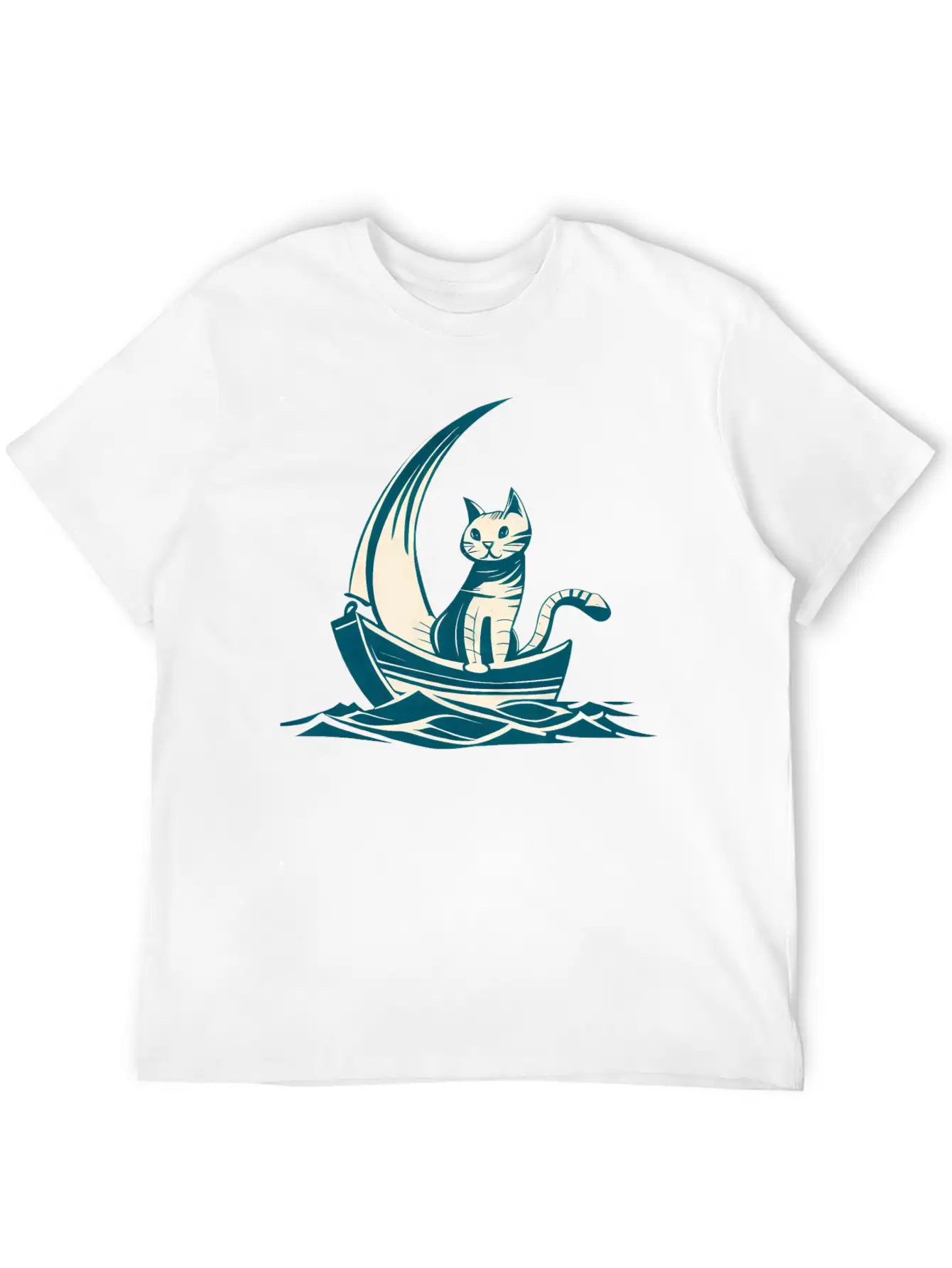 Abstract Minimalist Art - Cat On Boat Design Unisex Short Sleeve Soft Cotton T-Shirt – Casual Everyday Wear