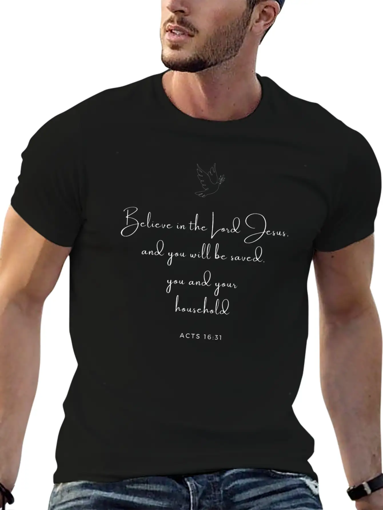 Acts 16:31 - Bible New Testament Christian Faith Essential Unisex Summer Tee – Soft Cotton Casual Fit