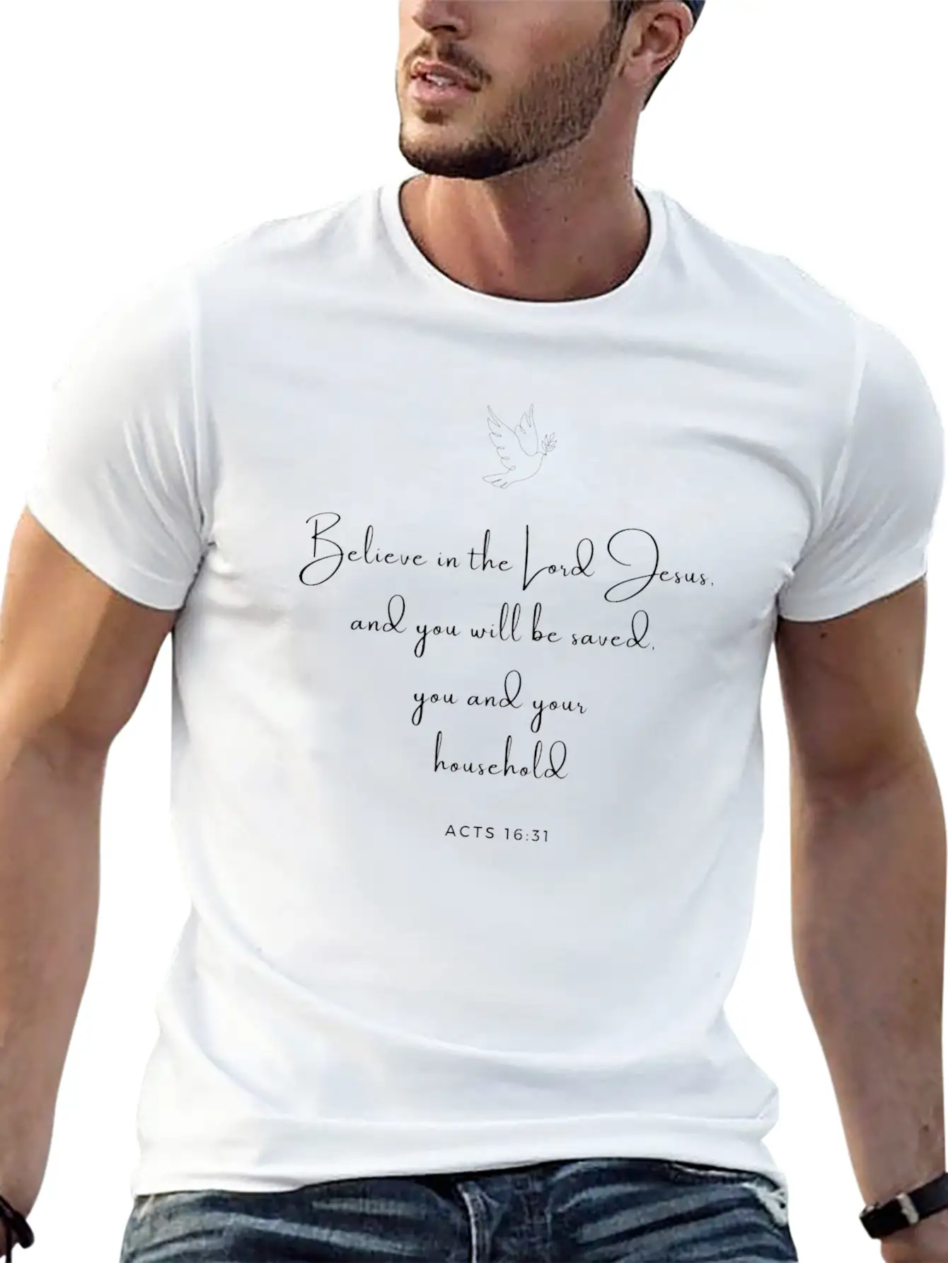Acts 16:31 - Bible New Testament Christian Faith Essential Unisex Summer Tee – Soft Cotton Casual Fit