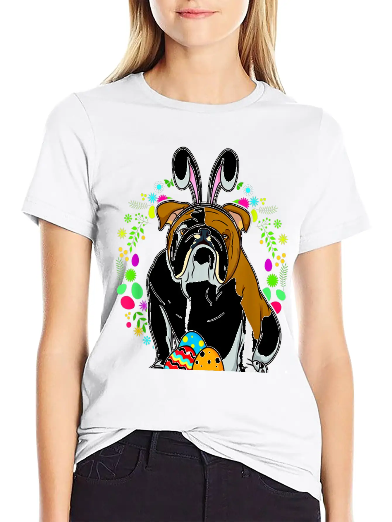 Adorable Bulldog In Bunny Ears T Shirt For Easter Unisex Short Sleeve Soft Cotton T-Shirt – Casual Everyday Wear