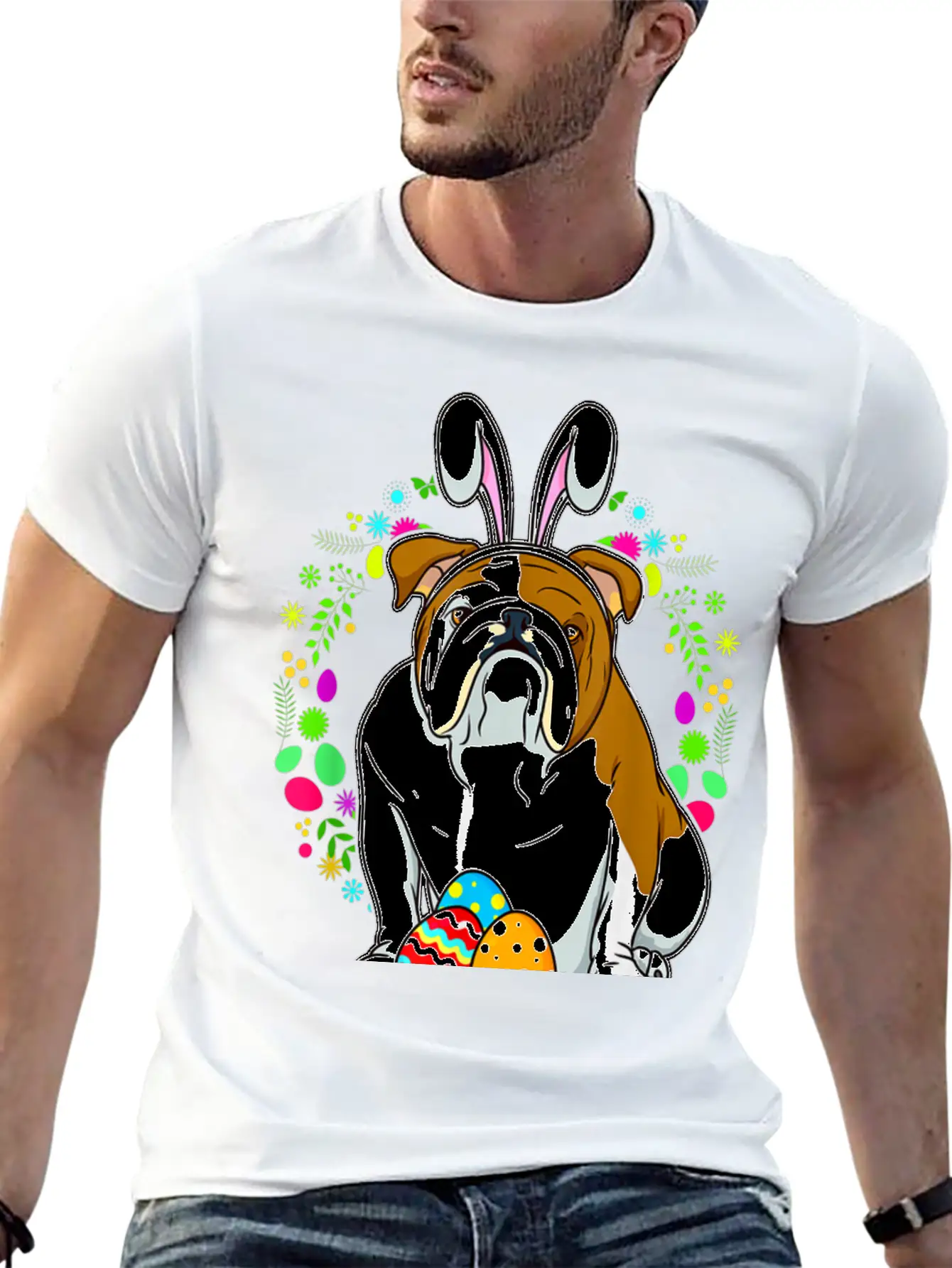 Adorable Bulldog In Bunny Ears T Shirt For Easter Unisex Short Sleeve Soft Cotton T-Shirt – Casual Everyday Wear