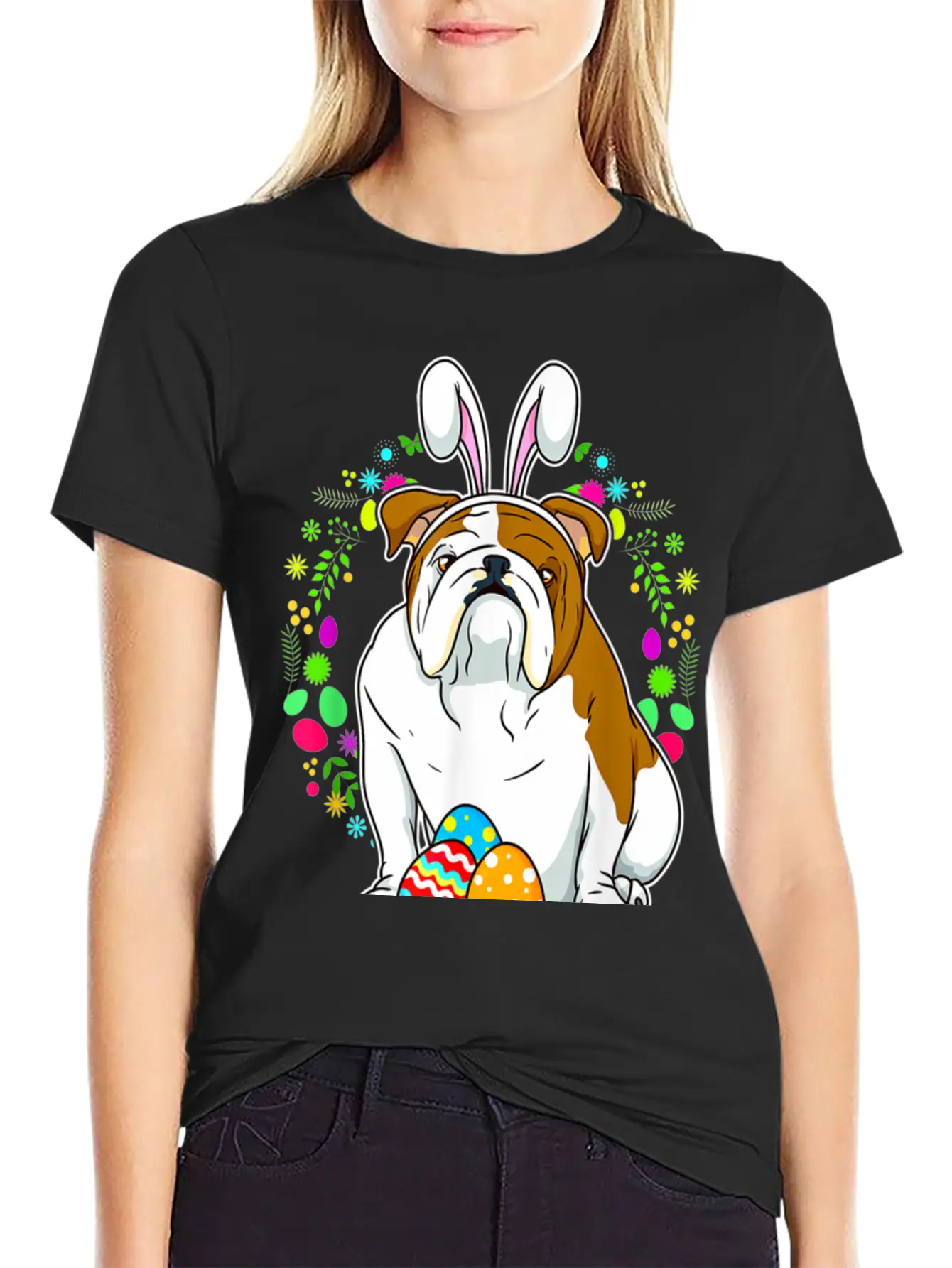 Adorable Bulldog In Bunny Ears T Shirt For Easter Unisex Short Sleeve Soft Cotton T-Shirt – Casual Everyday Wear