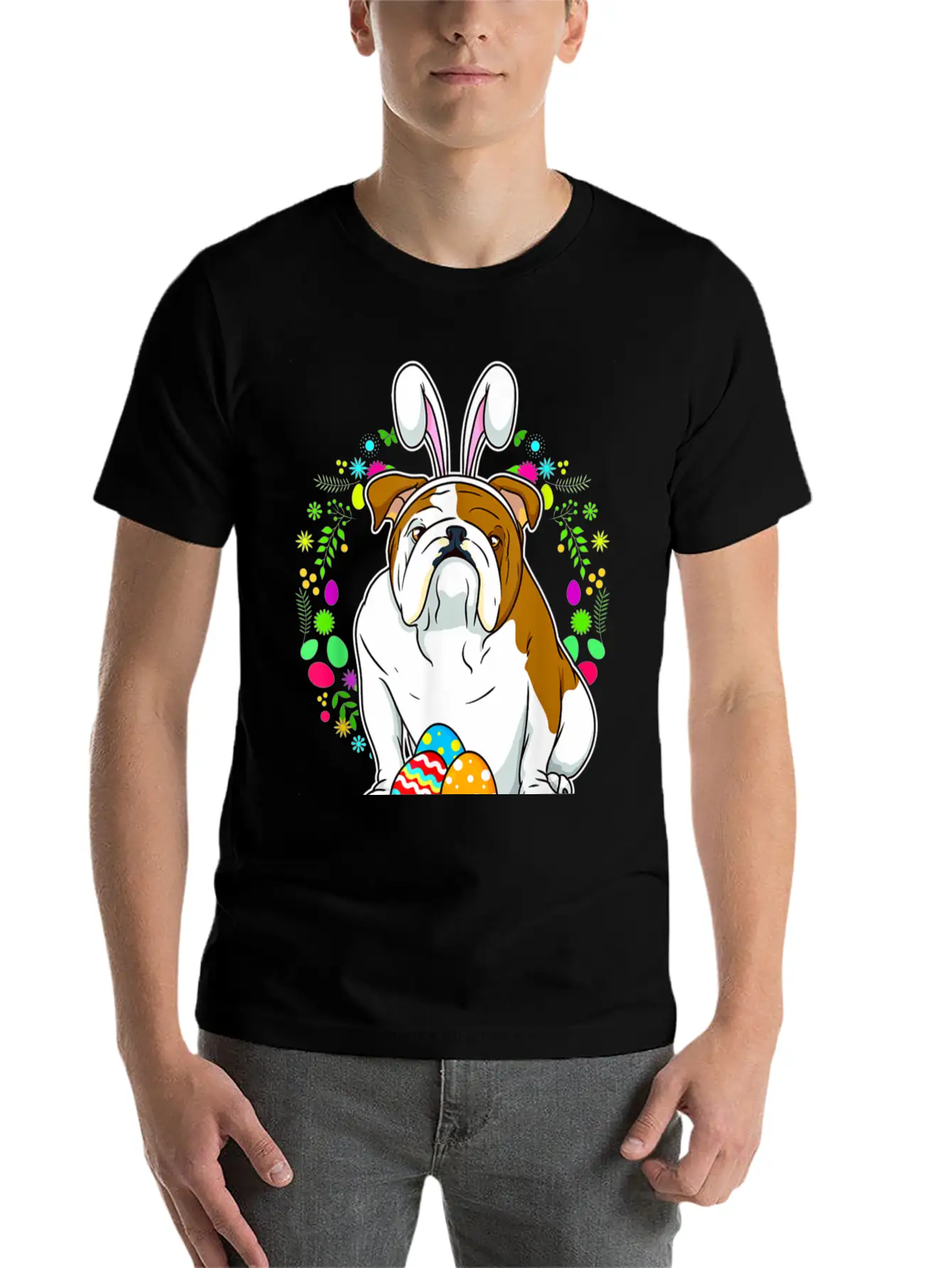 Adorable Bulldog In Bunny Ears T Shirt For Easter Unisex Short Sleeve Soft Cotton T-Shirt – Casual Everyday Wear