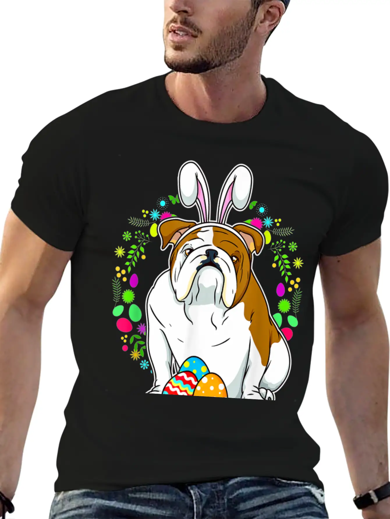 Adorable Bulldog In Bunny Ears T Shirt For Easter Unisex Short Sleeve Soft Cotton T-Shirt – Casual Everyday Wear