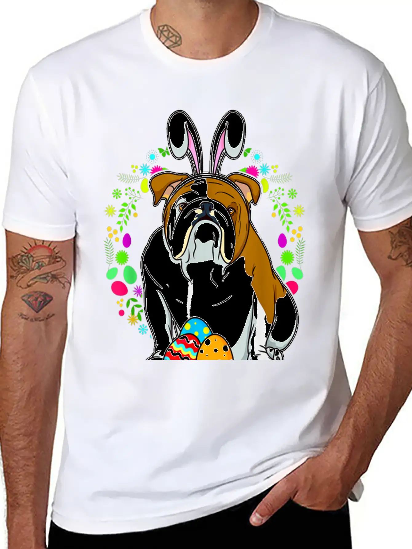 Adorable Bulldog In Bunny Ears T Shirt For Easter Unisex Short Sleeve Soft Cotton T-Shirt – Casual Everyday Wear