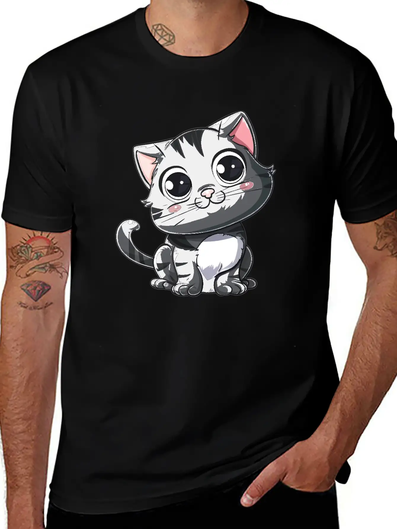 Adorable Charcoal Gray Kitten Portrait Stylish Everyday T-Shirt – Unisex Basic Cotton Tee