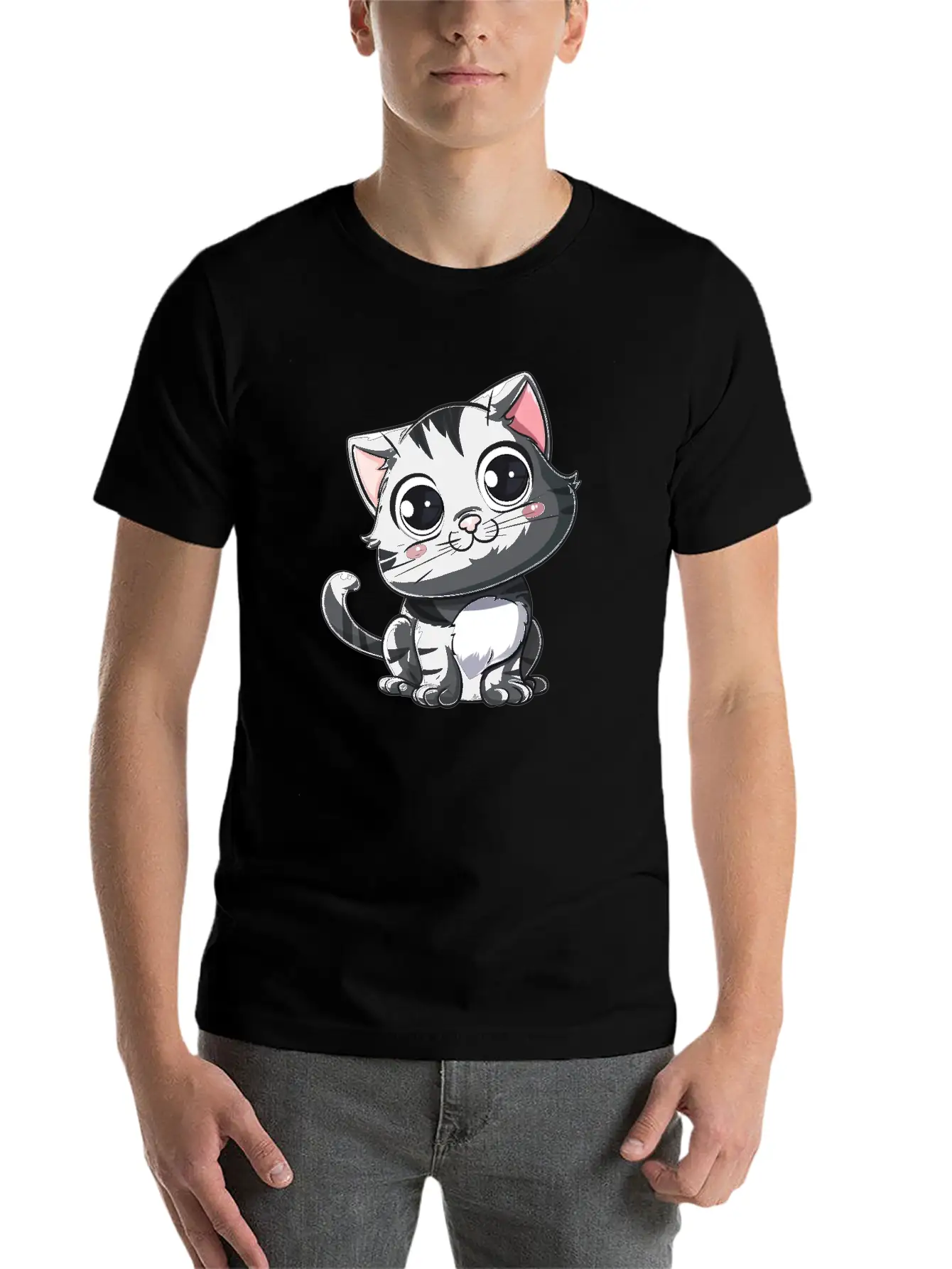 Adorable Charcoal Gray Kitten Portrait Stylish Everyday T-Shirt – Unisex Basic Cotton Tee