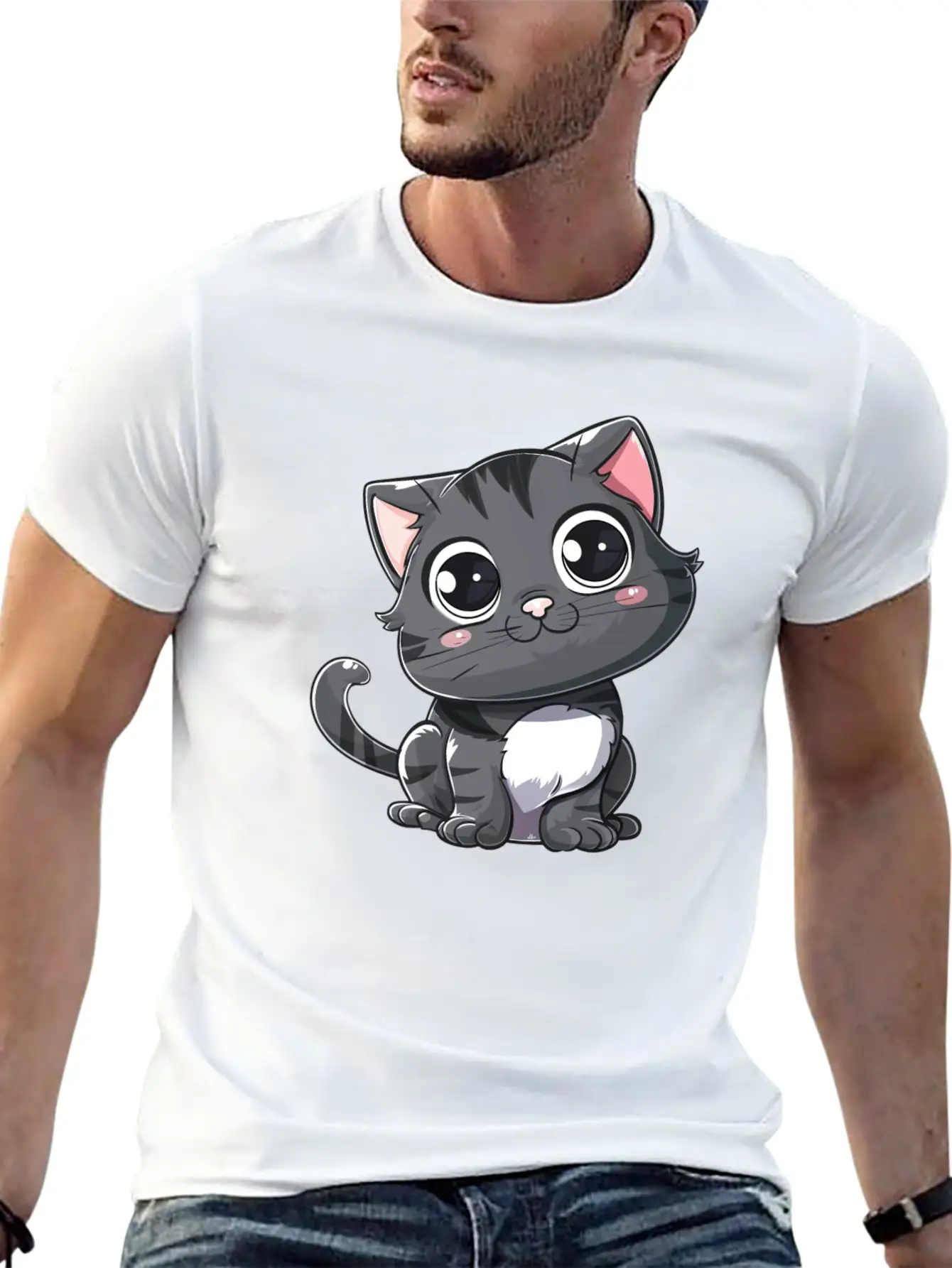 Adorable Charcoal Gray Kitten Portrait Stylish Everyday T-Shirt – Unisex Basic Cotton Tee
