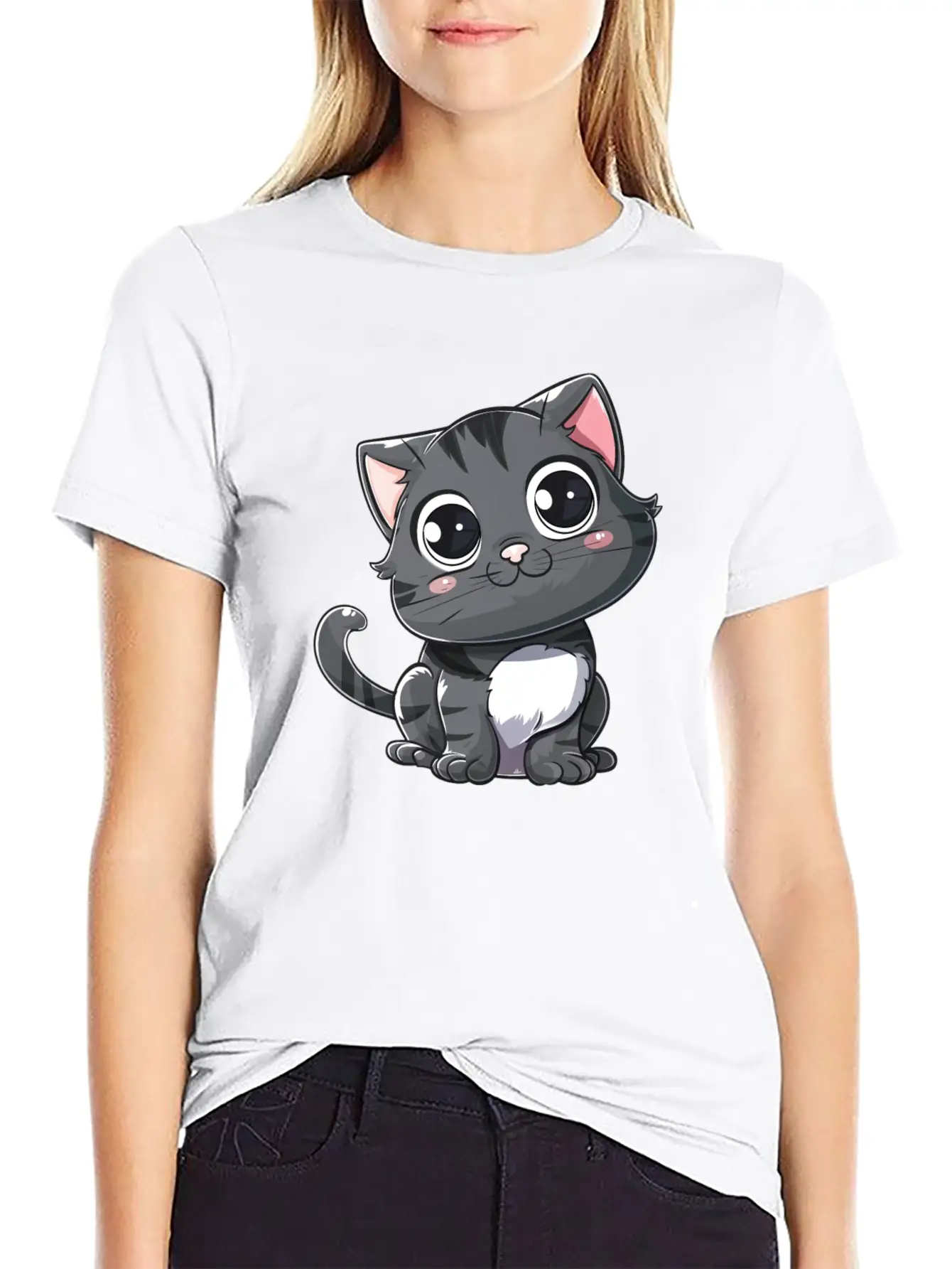 Adorable Charcoal Gray Kitten Portrait Stylish Everyday T-Shirt – Unisex Basic Cotton Tee