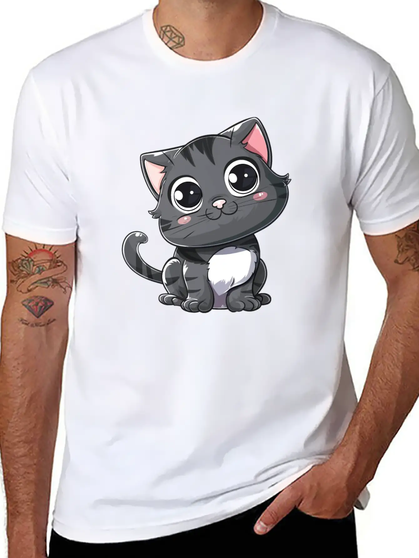 Adorable Charcoal Gray Kitten Portrait Stylish Everyday T-Shirt – Unisex Basic Cotton Tee
