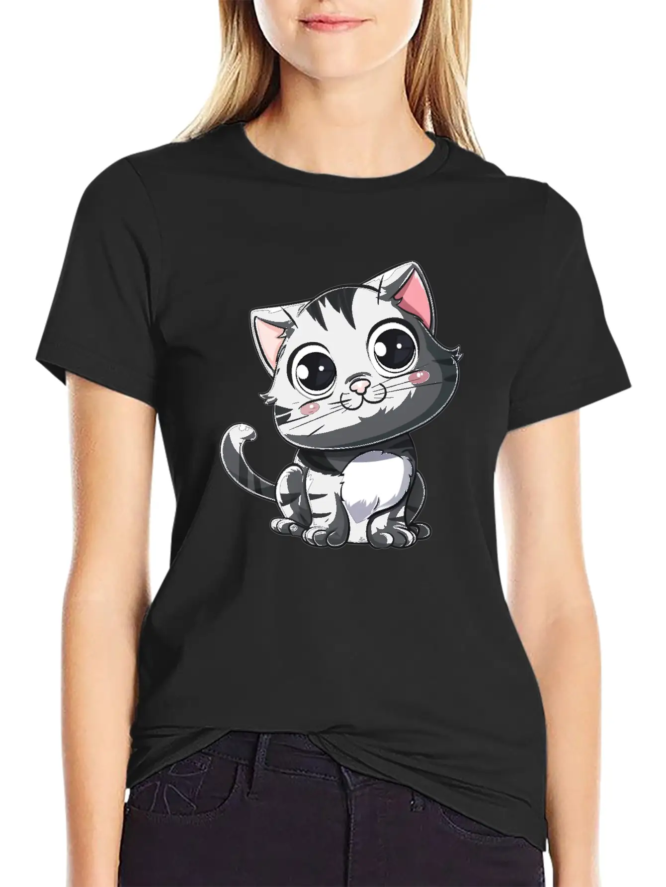 Adorable Charcoal Gray Kitten Portrait Stylish Everyday T-Shirt – Unisex Basic Cotton Tee