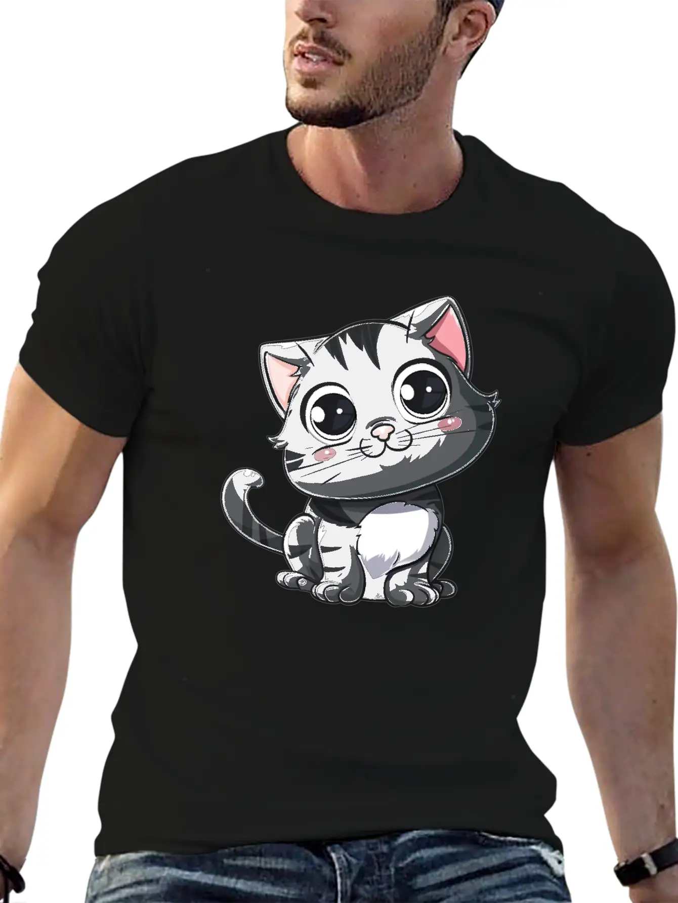 Adorable Charcoal Gray Kitten Portrait Stylish Everyday T-Shirt – Unisex Basic Cotton Tee