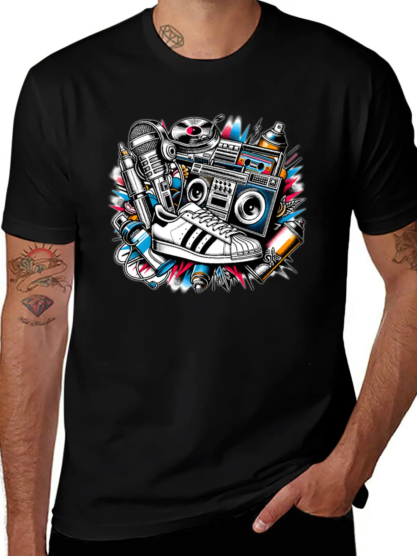 AI 1980s Hip Hop Collage Stylish Everyday T-Shirt – Unisex Basic Cotton Tee