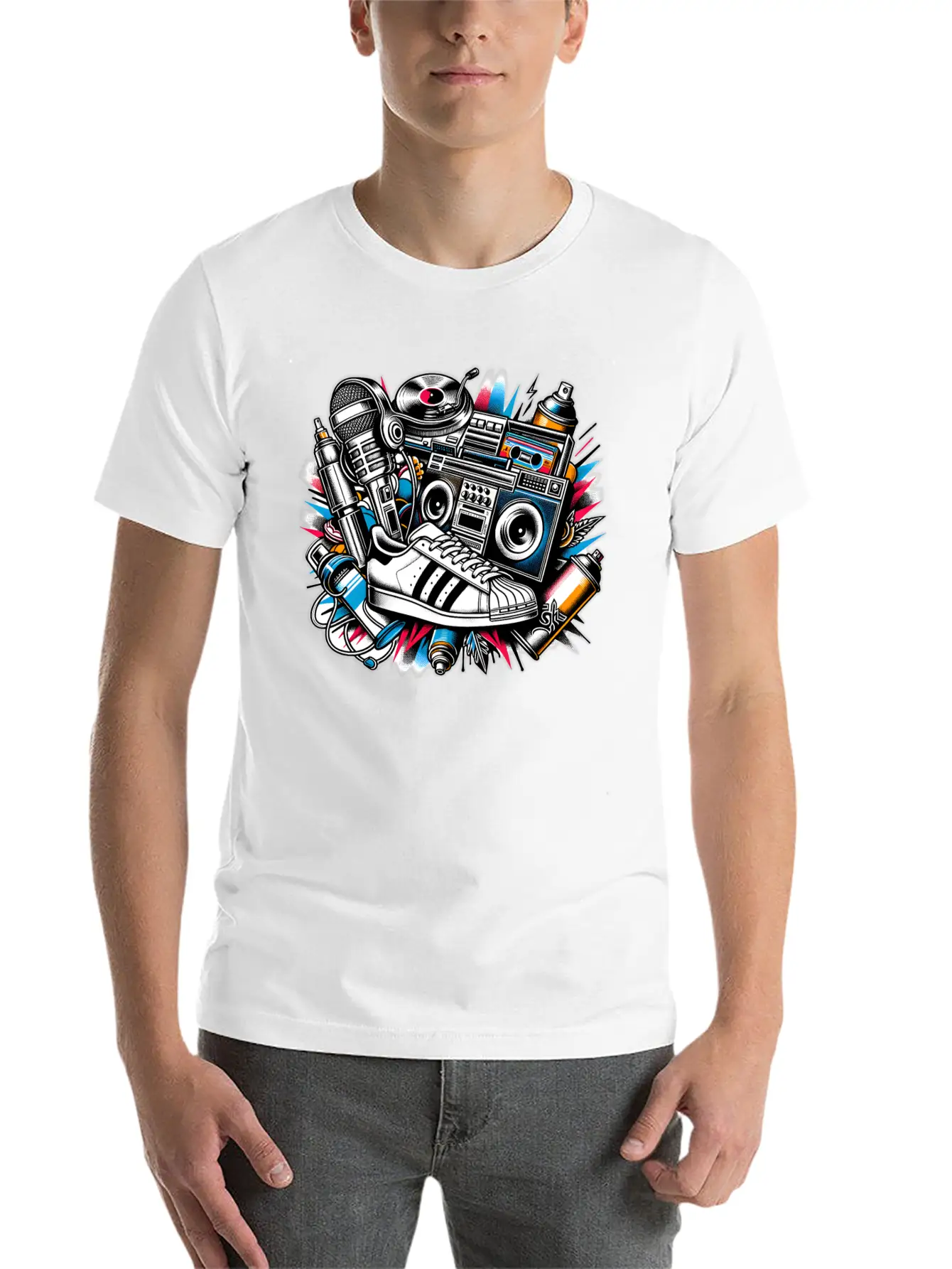 AI 1980s Hip Hop Collage Stylish Everyday T-Shirt – Unisex Basic Cotton Tee