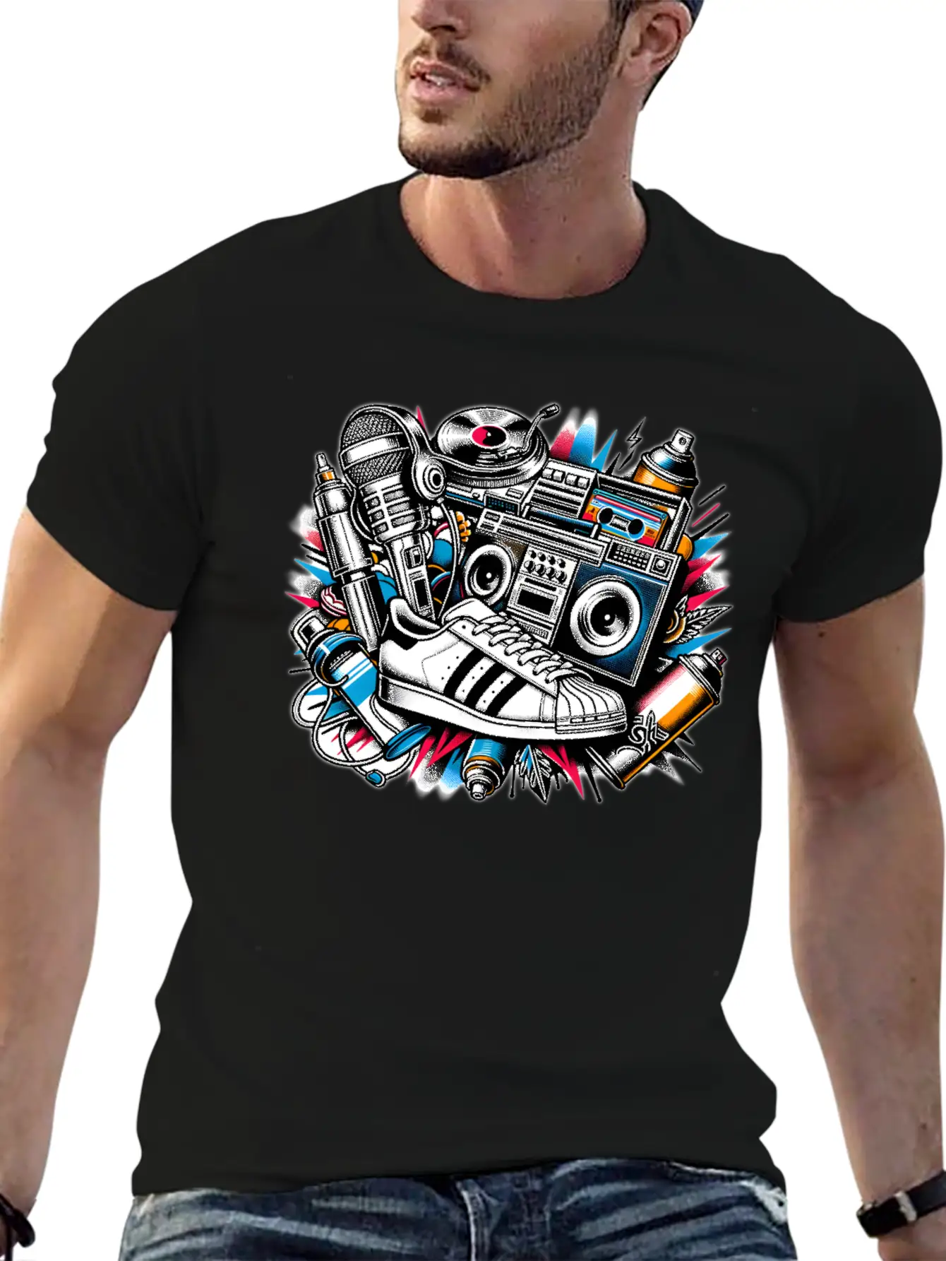 AI 1980s Hip Hop Collage Stylish Everyday T-Shirt – Unisex Basic Cotton Tee