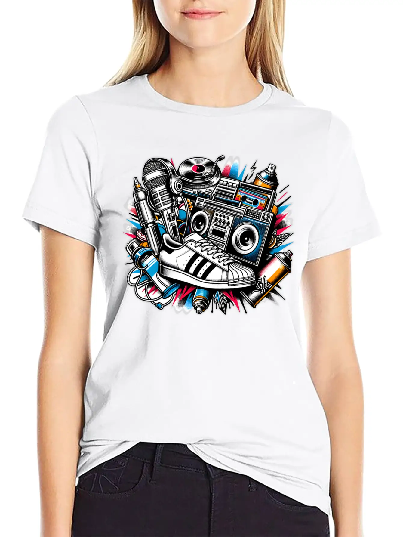 AI 1980s Hip Hop Collage Stylish Everyday T-Shirt – Unisex Basic Cotton Tee