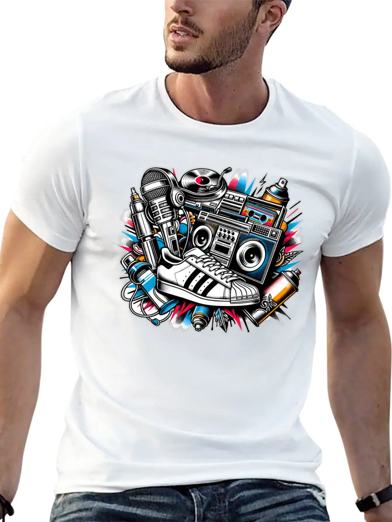 AI 1980s Hip Hop Collage Stylish Everyday T-Shirt – Unisex Basic Cotton Tee