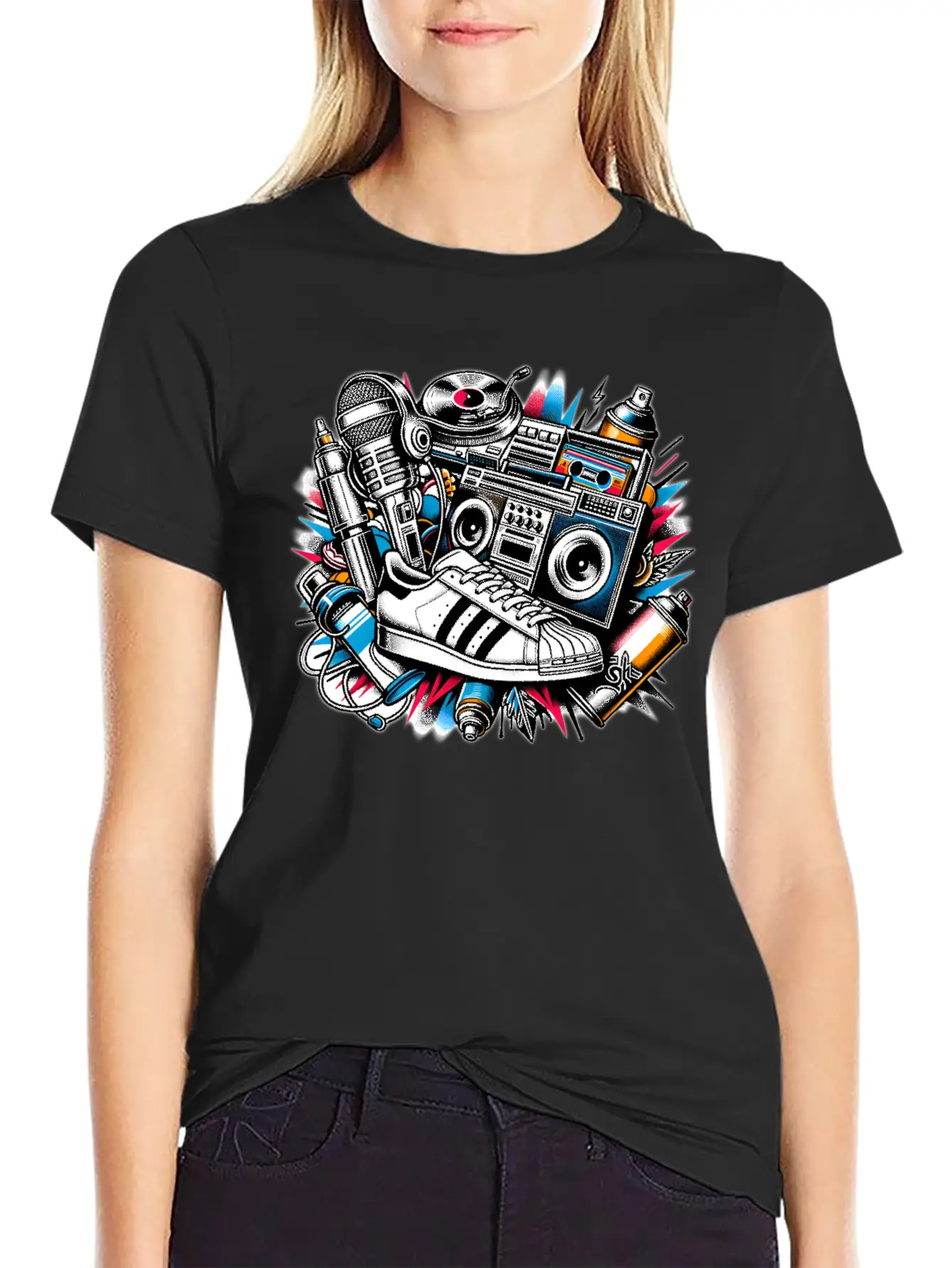 AI 1980s Hip Hop Collage Stylish Everyday T-Shirt – Unisex Basic Cotton Tee